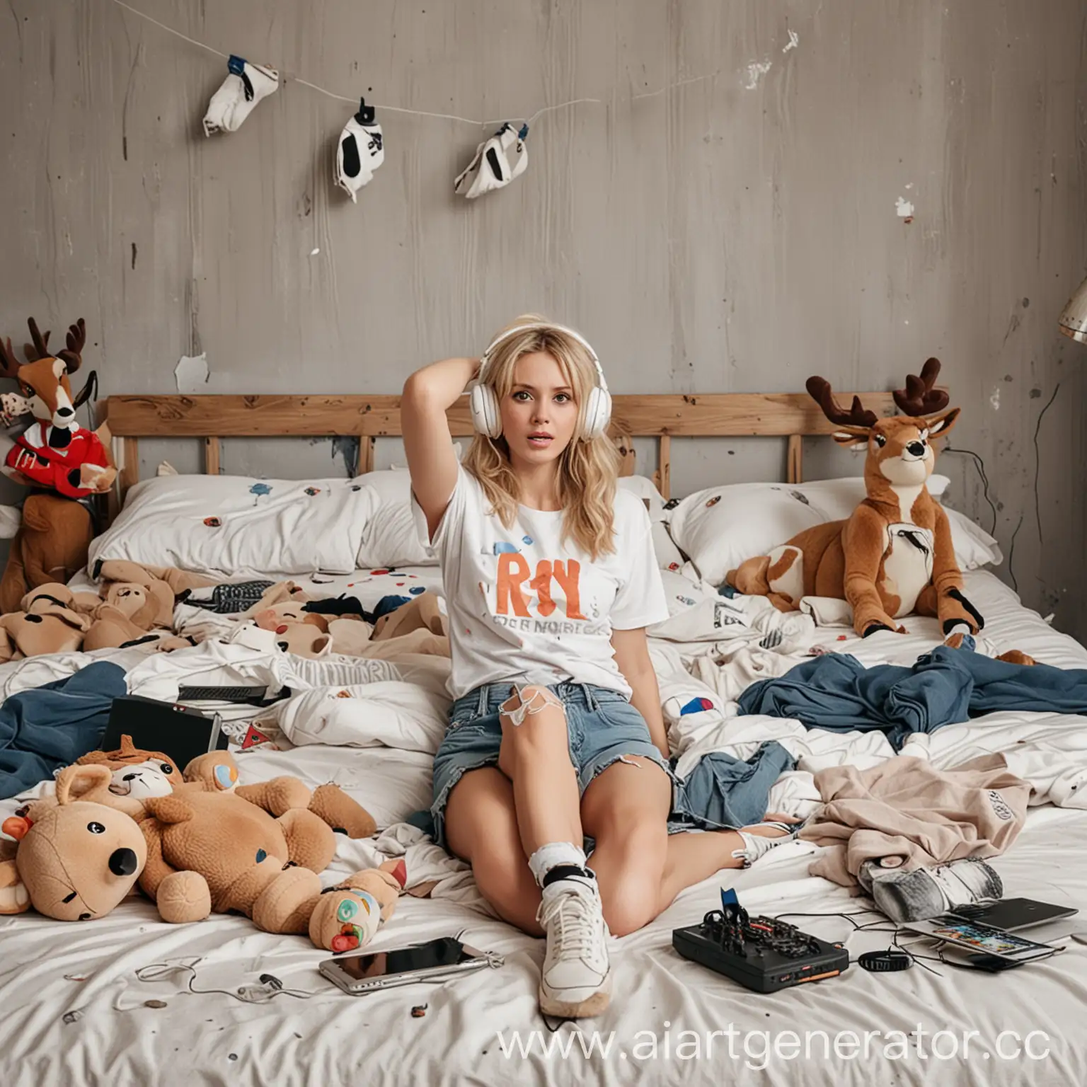 Blond-Woman-Relaxing-on-Bed-with-Laptop-and-Headphones-in-Casual-Attire