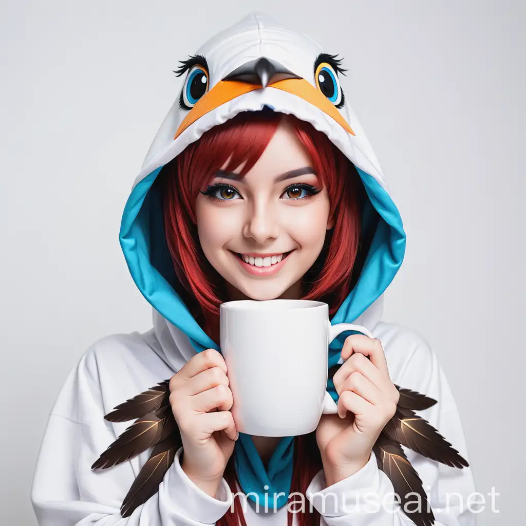 Smiling Girl Cosplaying Bird with White Mug