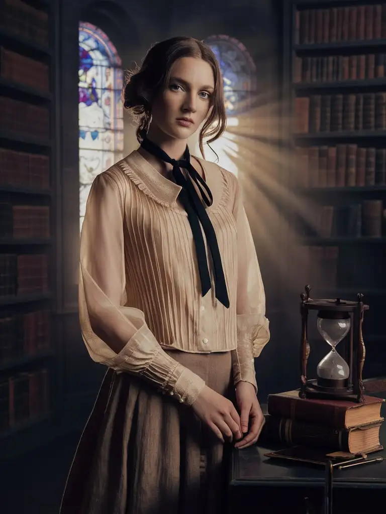 rachel weisz face, full long wavy hair, woman wearing edwardian style translucent pin-tucks beige blouse with round collar, woman wearing a black necktie, woman wearing long flowy brown linen skirt, standing by the stained glass window, bookcases old library background, stack of old books on the side, hourglass on the desk, astrolabum on the desk, window dramatic backlight