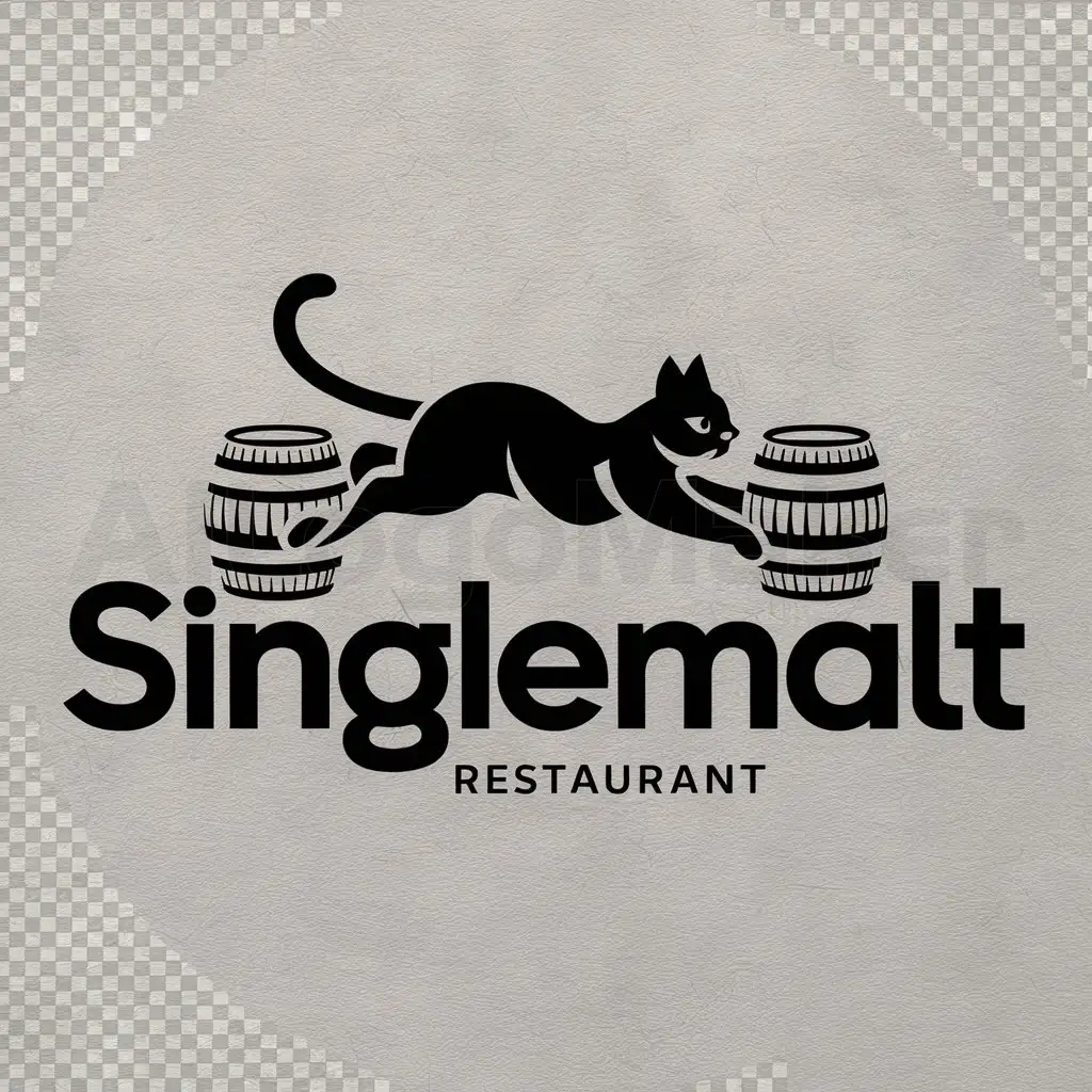 a logo design,with the text "singleMALT", main symbol:cat hops barley classic barrel,Moderate,be used in Restaurant industry,clear background