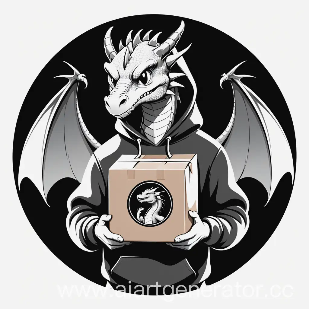 A dragon in a hoodie holds package in his hands, black and white circle logo