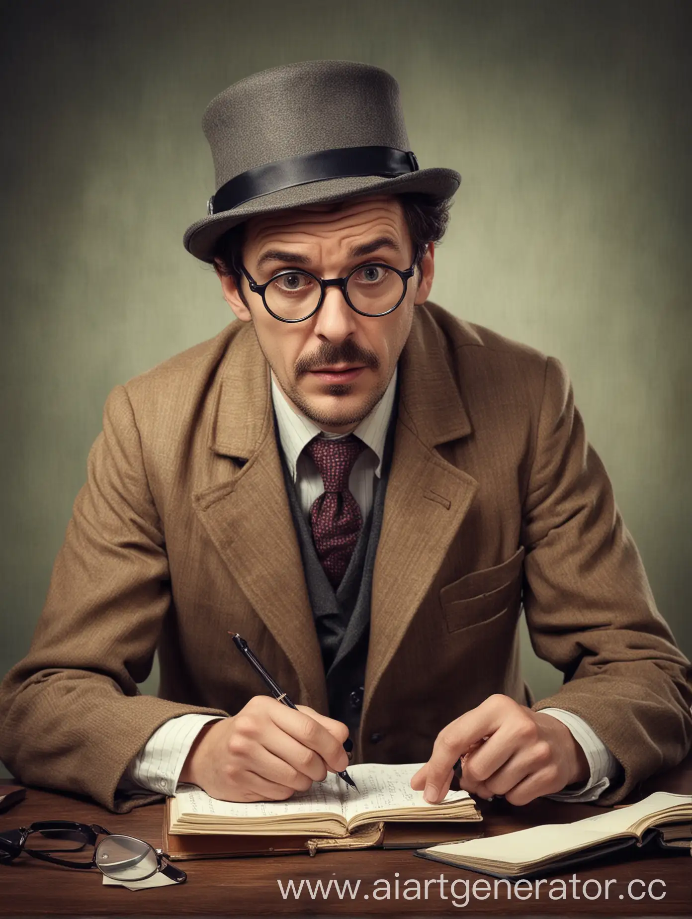 Man-in-Sherlock-Holmes-Hat-with-Magnifying-Glass-and-Notebook