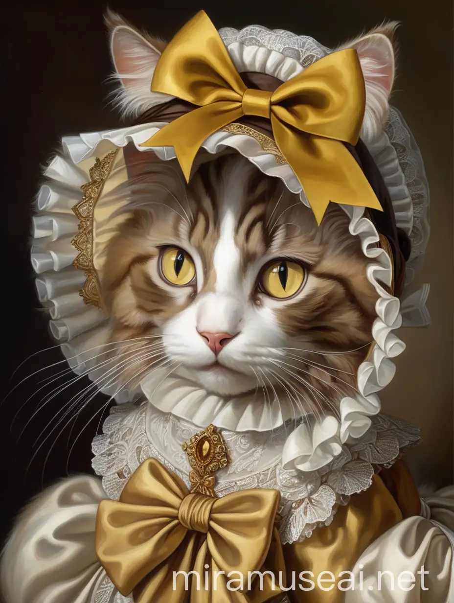 cat with yellow eyes, brown fur, bow, bonnet, intricate gowns
