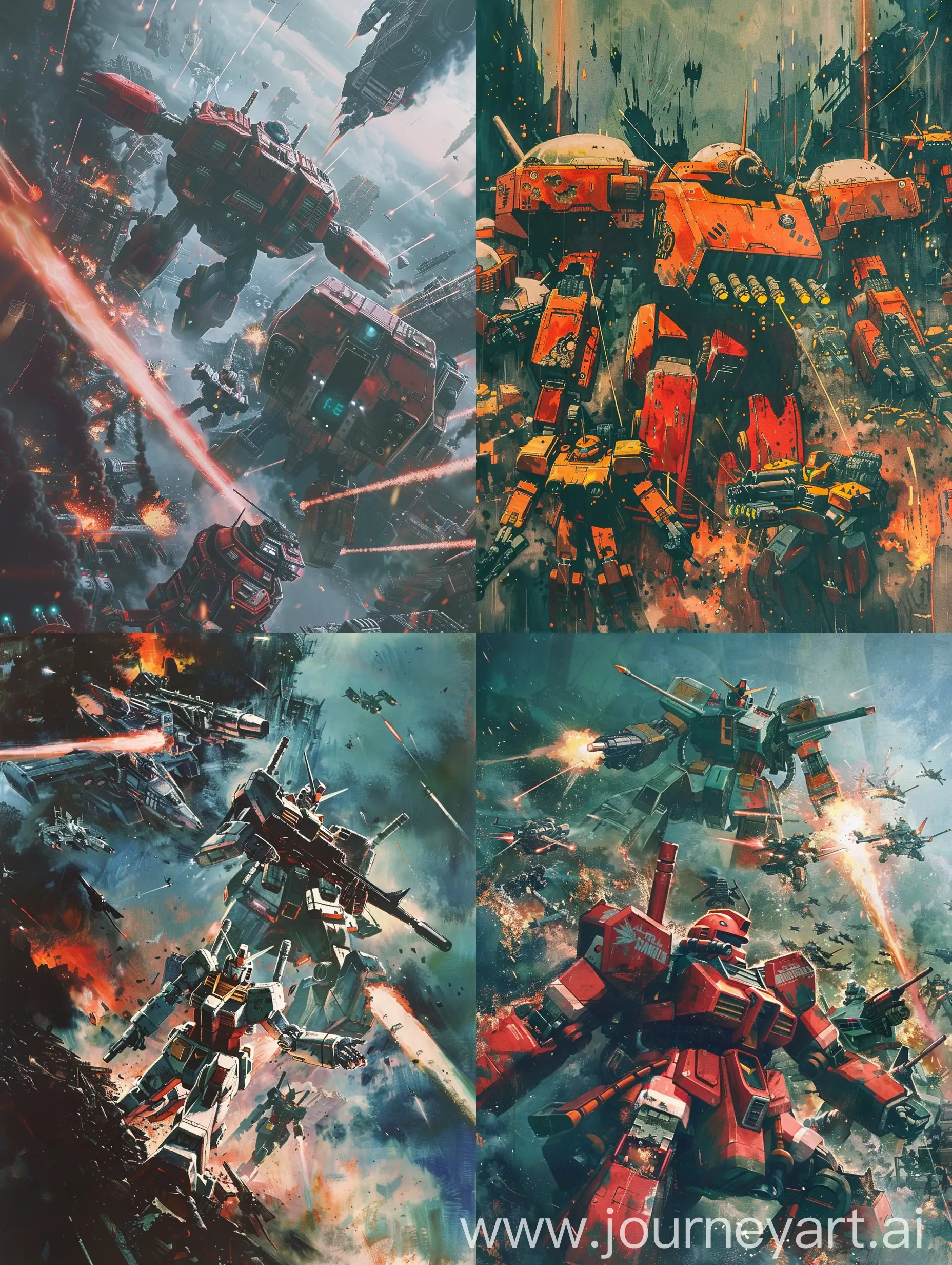 1980s anime cartoon scene of
steampunk gundam mechs. Vibrant, saturated
environment colors are met with a stark contrast of
monochrome robots. The battle is chaotic and
intense, gun fire creates fear in the air full hair,  , , , front view, 