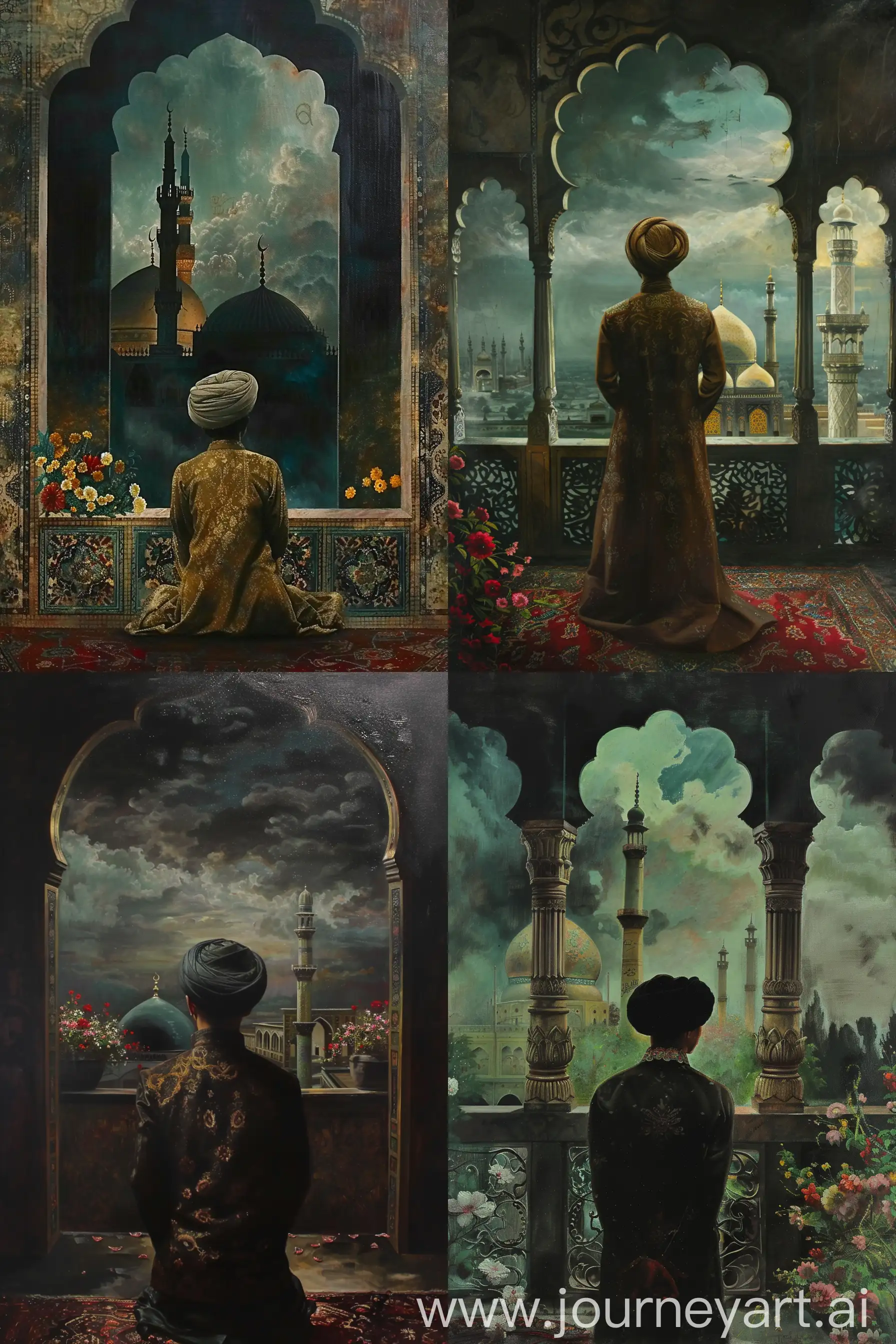 Medieval European portrait painting in style of Thomas Lawrence, depicting back of a young British dervish wearing tall cylindrical fez hat performing sufi sema, inside an octagonal balcony having three arches decorated with persian floral motifs, view of dome and minaret of a persian tiled mosque, flowers on carpet, dark black greenish cloudy background --ar 2:3