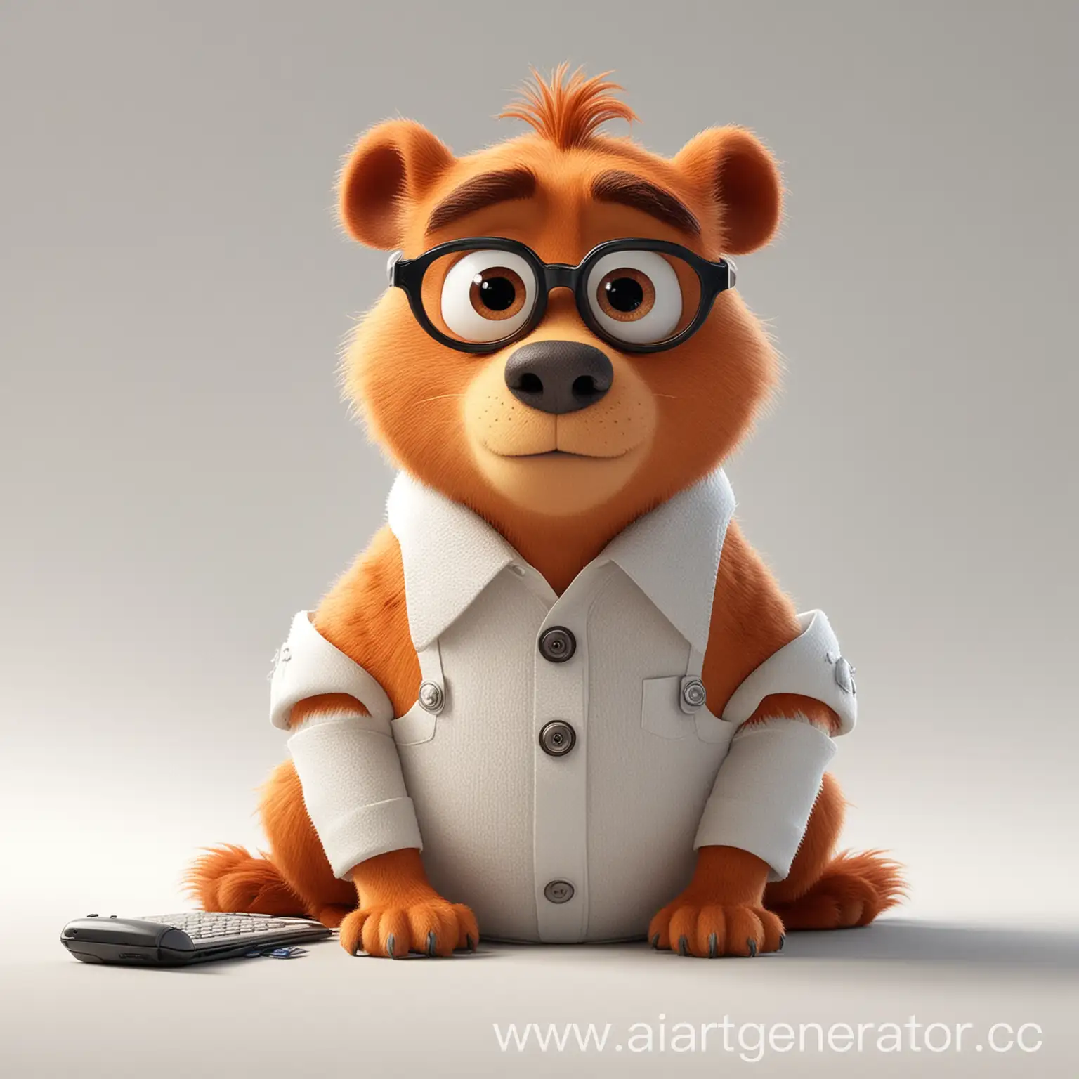 Pixar 3D Персонаж животного  на белом фоне, работающего в офисе, в костюме 