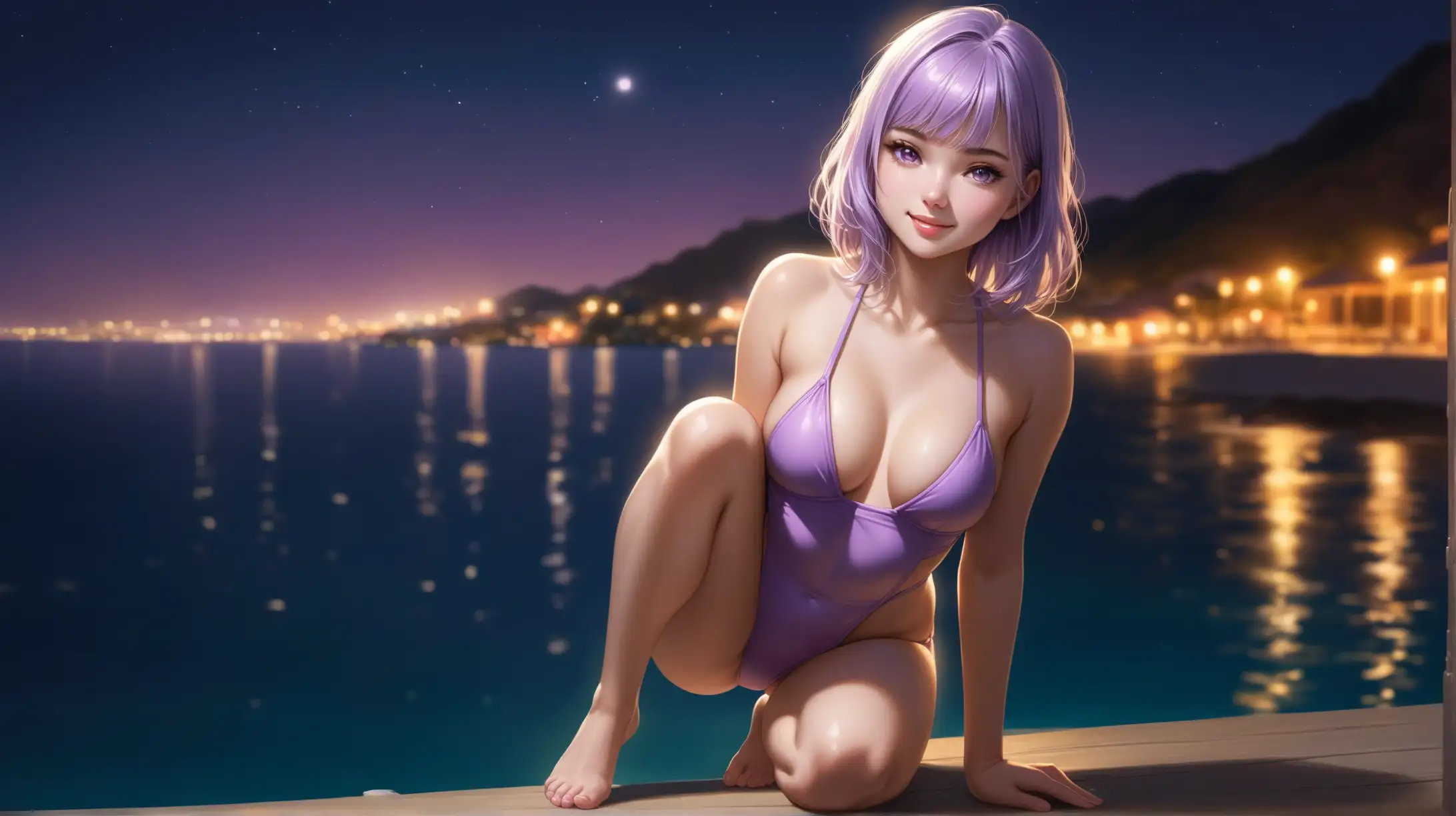 Draw a woman, shoulder length light purple hair, messy bangs framing her face, light purple eyes, petite figure, high quality, realistic, accurate, detailed, long shot, full body, outdoors, night lighting, seductive pose, swimsuit, smiling at the viewer