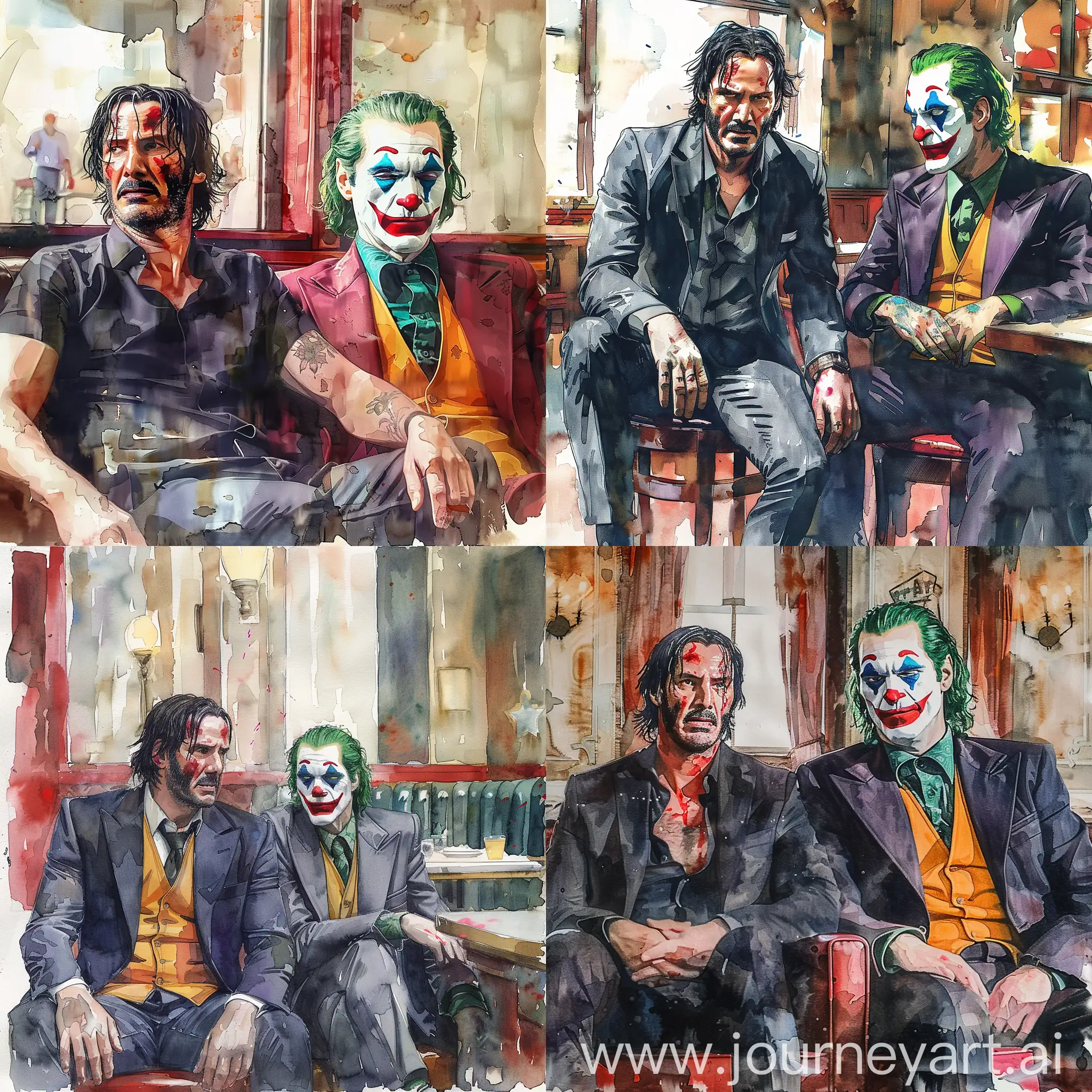 John-Wick-and-the-Joker-Dine-Together-Watercolor-Style-Restaurant-Scene