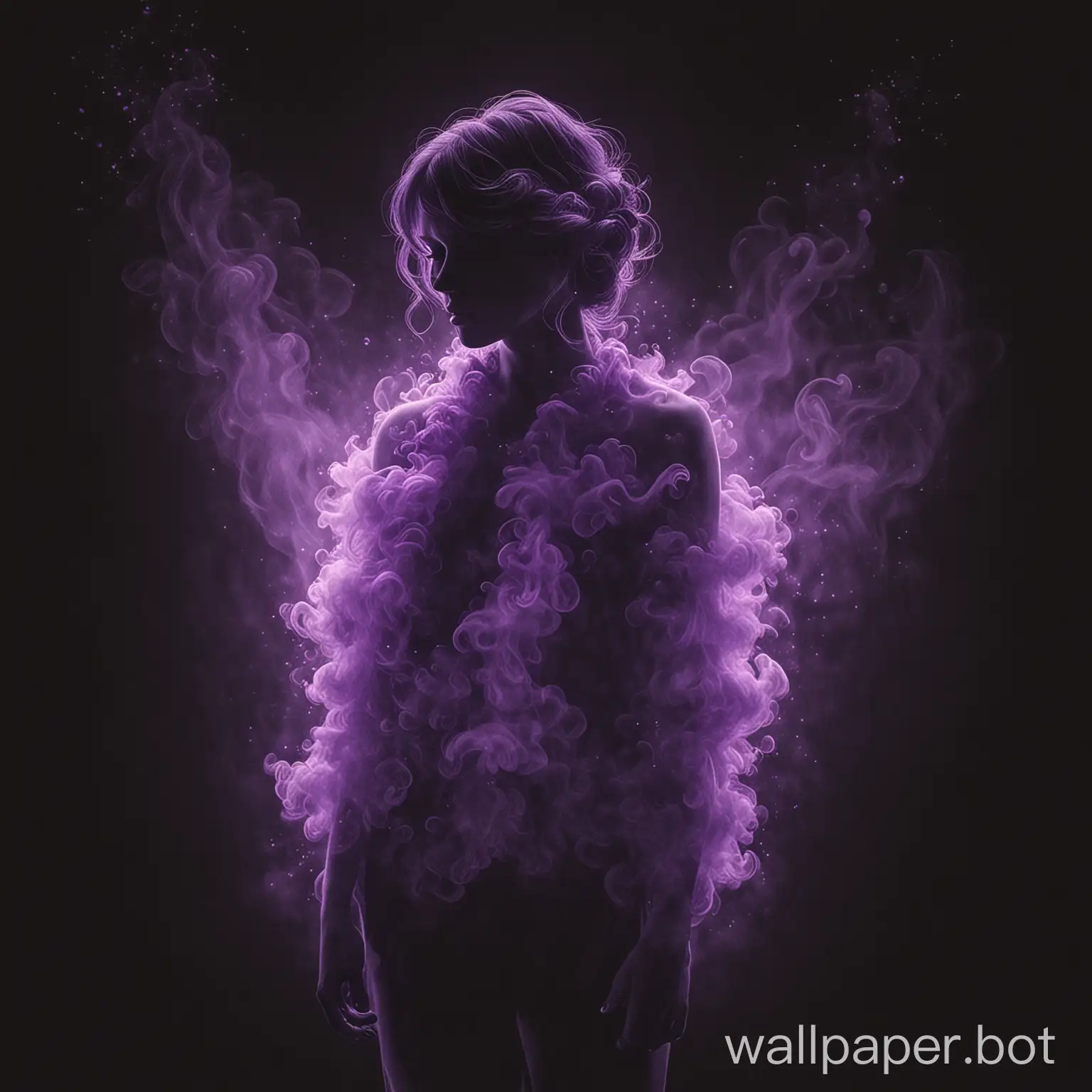 Draw a cluster of purple mist in the shape of a person on a black background.
