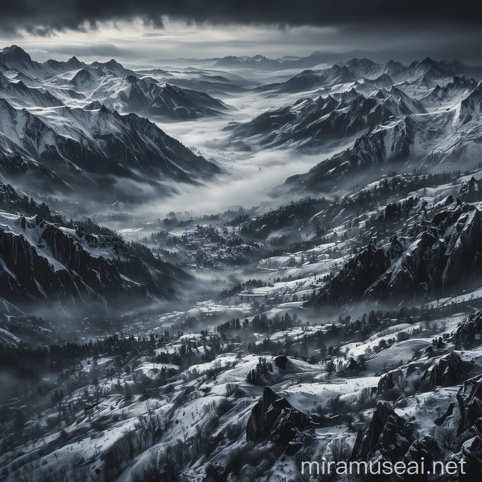 View from sky, photograph landscape snow mountains of dark age, rain, fog, dramatic and stunning award winning photo, dramatic linear delicacy, high dynamic range, cinematic high detail, 8k —ar 2:3 —v 5.1