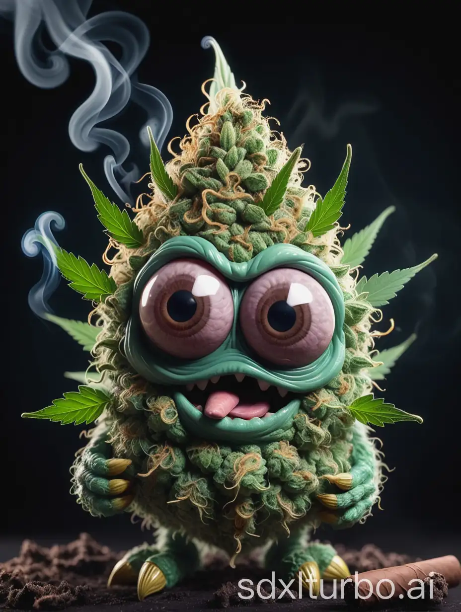 cute monster, funny appearance, body looks like a cannabis bud, it's eyes are squinting, it's eyes are outstanding smoking a big cigar, creates cloudy smoke