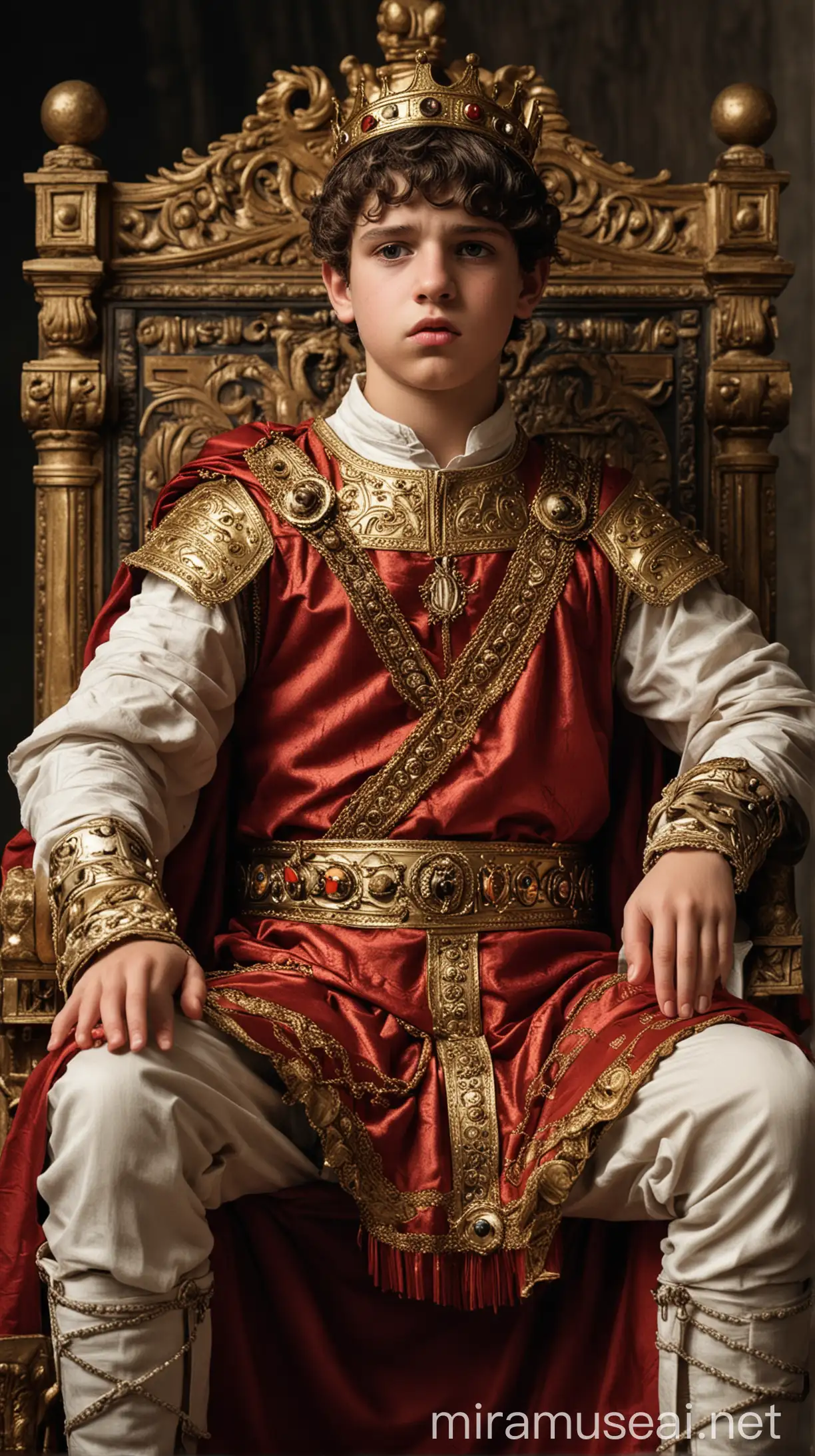 A 14-year-old Elagabalus wearing king suit , sitting on the throne, looking arrogant and powerful. hyper ealistic