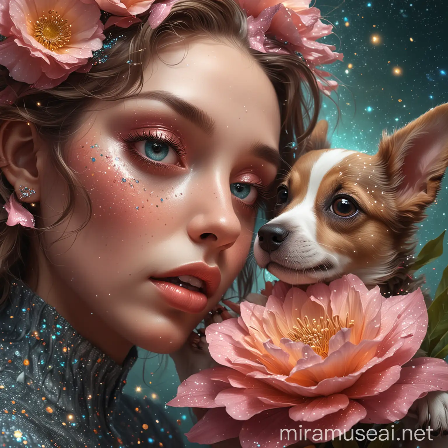 Surreal Digital Art Woman Holding Eye Open with Glitter Flower and Puppy Looking In