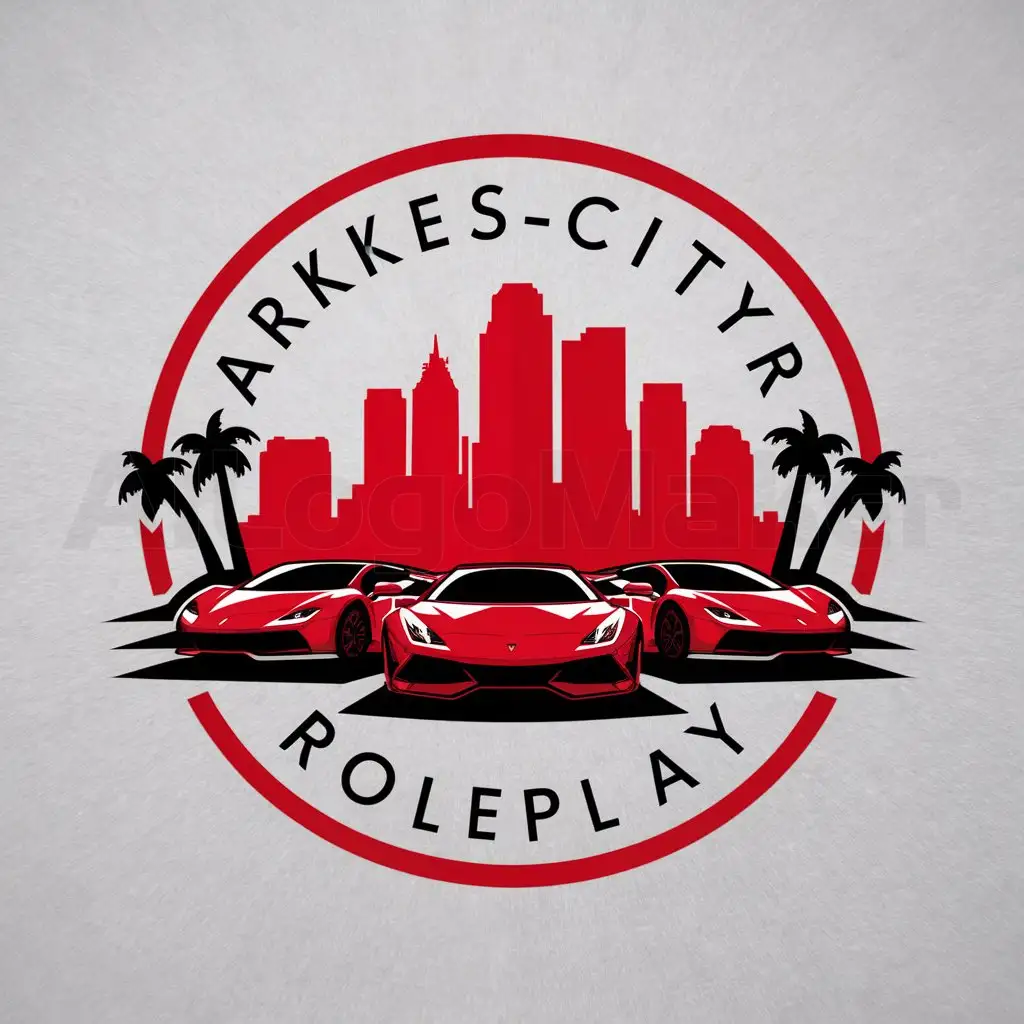a logo design,with the text "ArkesCityRoleplay", main symbol:a modern Fivem roleplay server logo with a city skyline in red and sports cars in front of the skyline with palm trees on the side. make me the whole image inside a red circle. do not specify that it is for a fivem,Moderate,clear background