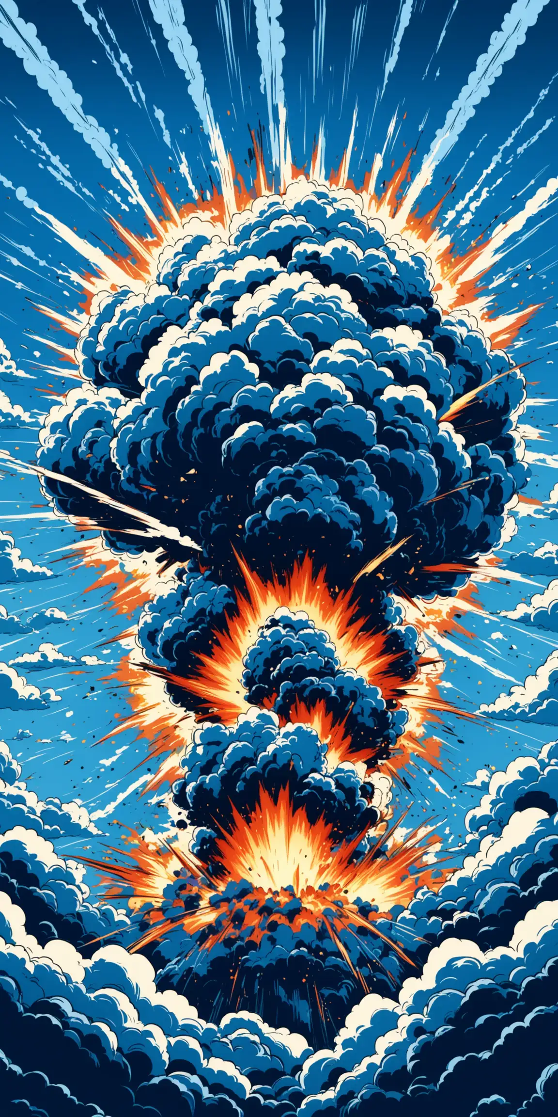 Vibrant Blue Explosion Against Cartoon Clouds Sky