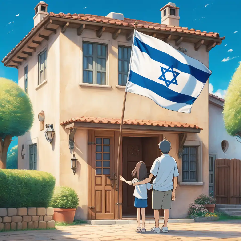 Father and Daughter Embrace in Front of Home with Israel Flag Studio Ghibli Style Art