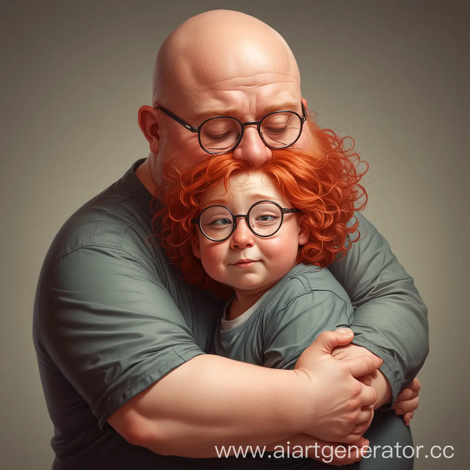 Affectionate-Embrace-Big-Bald-Man-and-Small-Boy-with-Long-Red-Hair