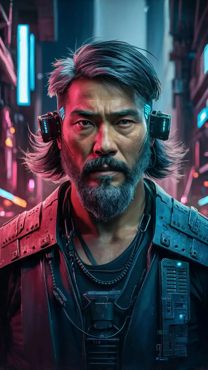 a painting of 42 year old caucasian man, setting Cyberpunk 2077, a grizzled Street Samurai, medium length black beard with a little grey, short black hair with grey tips, cyberwear includes datalink implants on temple, in the style of Boris Vallejo, oil paint,