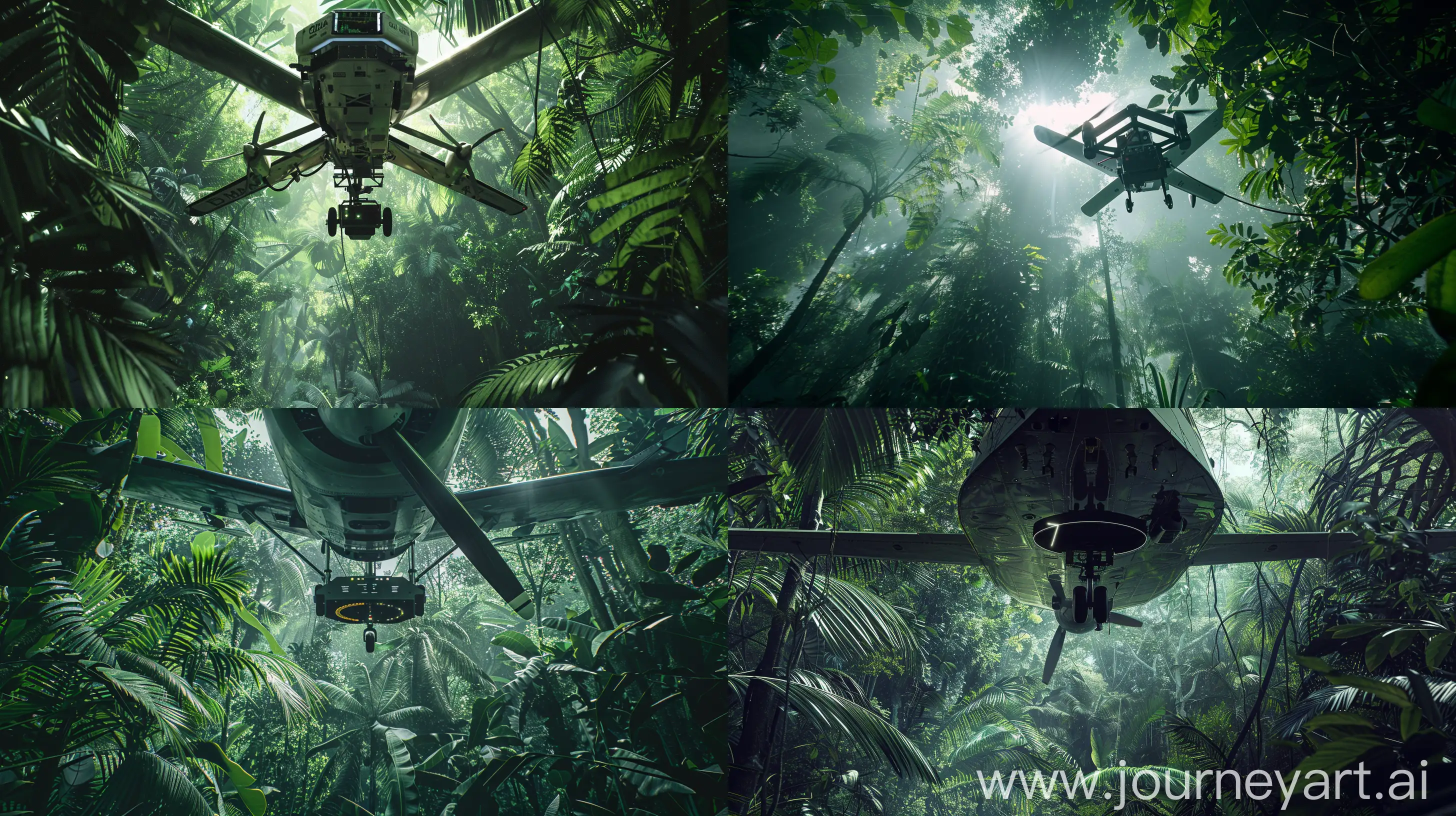!mj1 Realistic lidar device mounted beneath a survey propeller plane, flying over a dense tropical rainforest, capturing data, low-quality photo aesthetic, with the intricate play of light and shadows through the canopy, sense of adventure --ar 16:9 --v 6