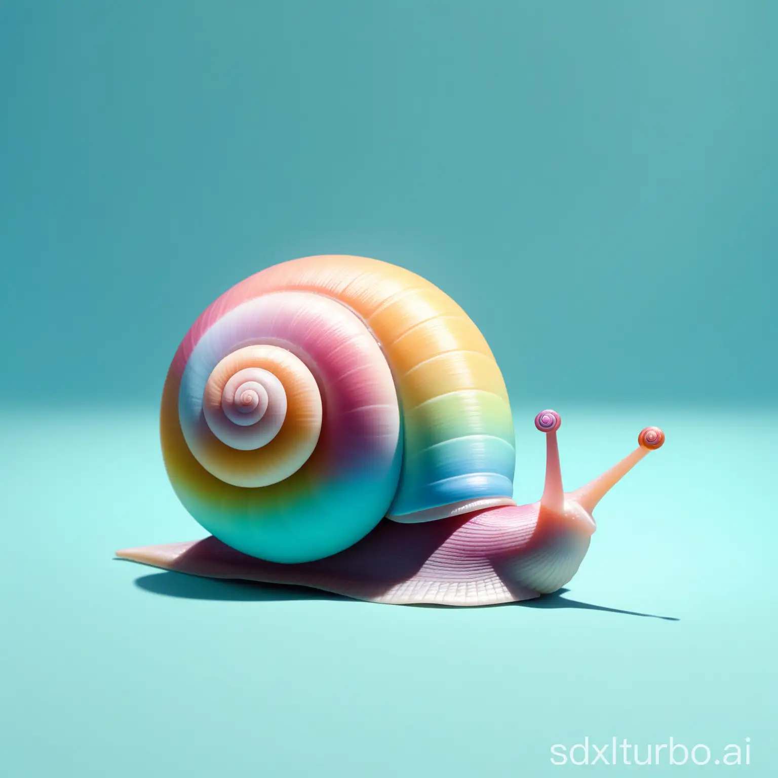 pastel snail with multicoloured shell, head with two horns turned toward the horizon, on a pale blue background, shading to give 3D form, rotate snail so it facing away from viewer, rotate 45 degrees in ground plane
