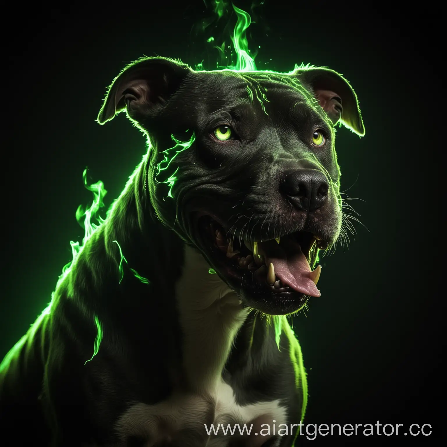 dark background, neon green backlighting, neon green fire, snarling pitbull