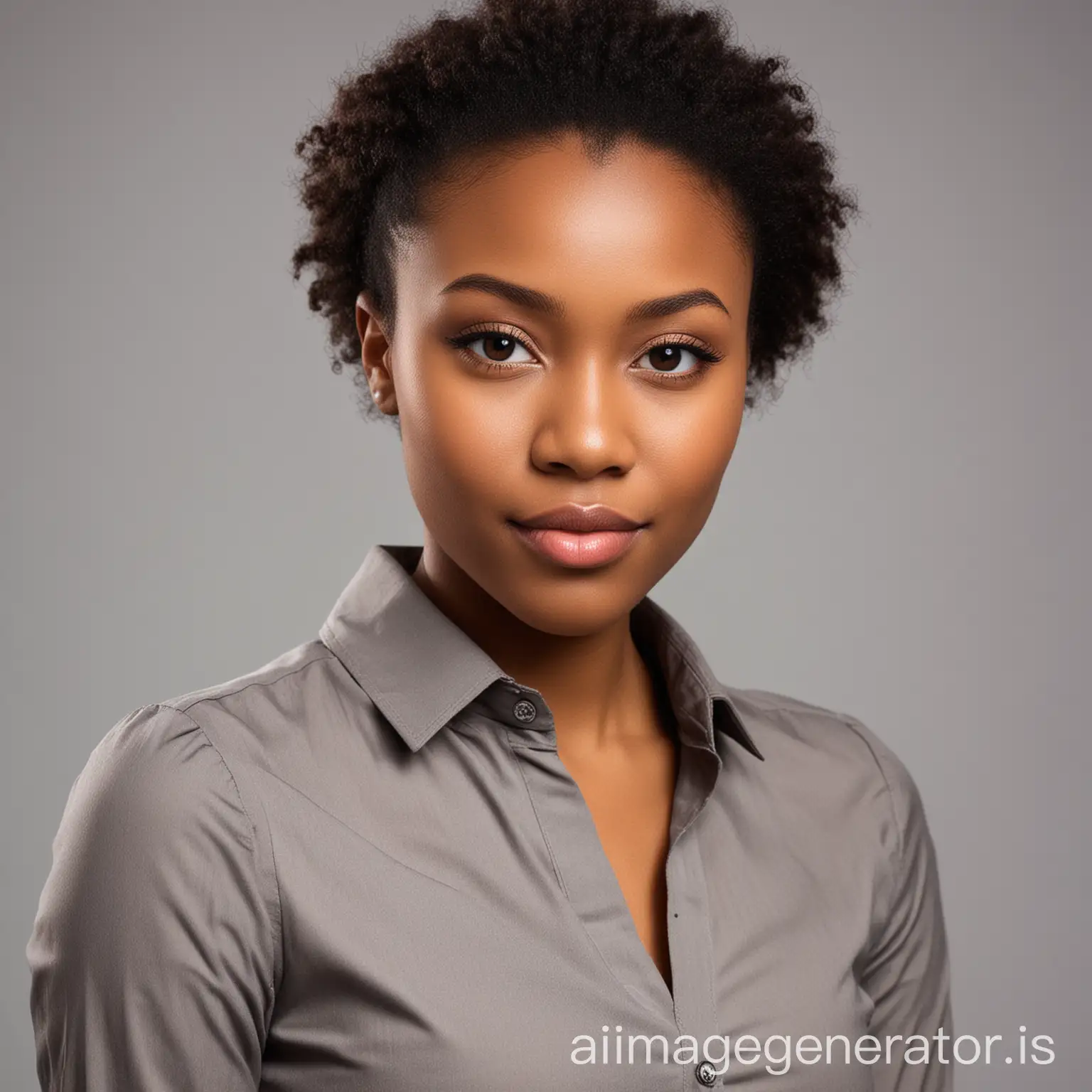 Create a professional headshot of a young, confident Nigerian lady suitable for a resume profile picture. The person should be dressed in business casual attire, such as a neatly pressed shirt or blouse, and should have a friendly, approachable expression. The background should be simple and neutral, such as a light gray or white, to keep the focus on the individual. The lighting should be soft and even, highlighting the subject's face without harsh shadows.