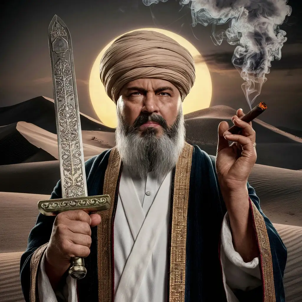 a muslim sheykh khamenei holding a sword and smoking cigar