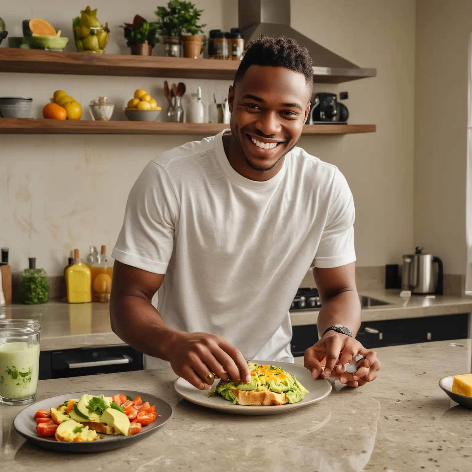 Athletic Cameroon man, 25 years old, big smile, in a sunny luxury modern condo kitchen. He wipes sauce off a plate of delicious avocado toast. There is a rice bowl and an omelet plated beside him on the quartz counter