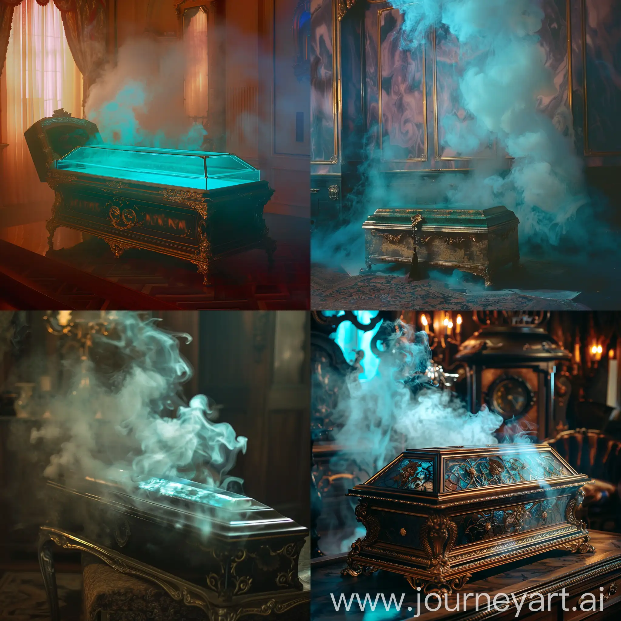 A Tiffany-colored coffin in an antique setting. from which the smoke is coming