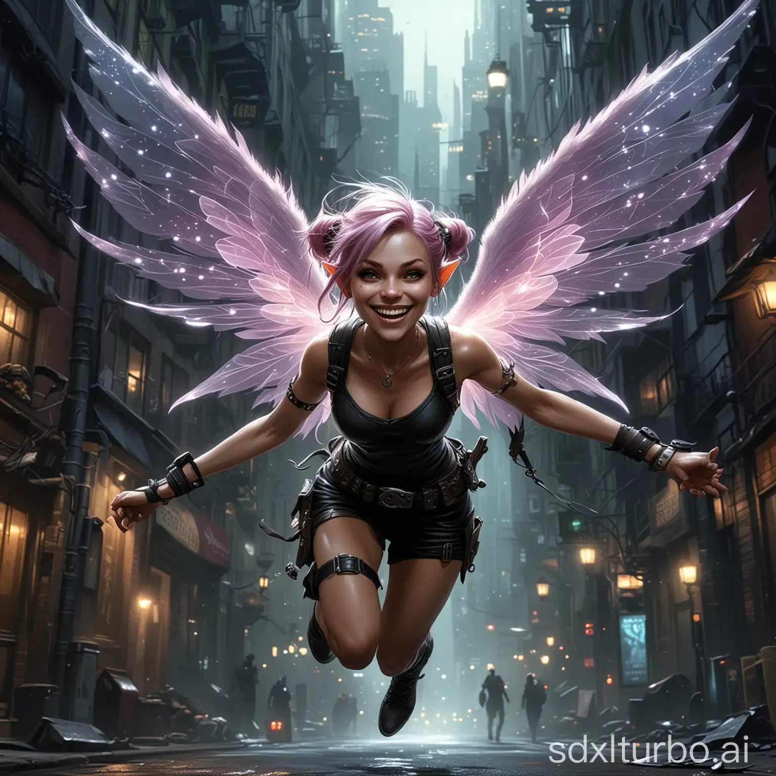 Create a high resolution, 16:9 aspect ratio, image about "A Shadowrun legend". Show a flying pixie grinning wide and with sparkling, translucent fey-wings in a dark street of modern city.