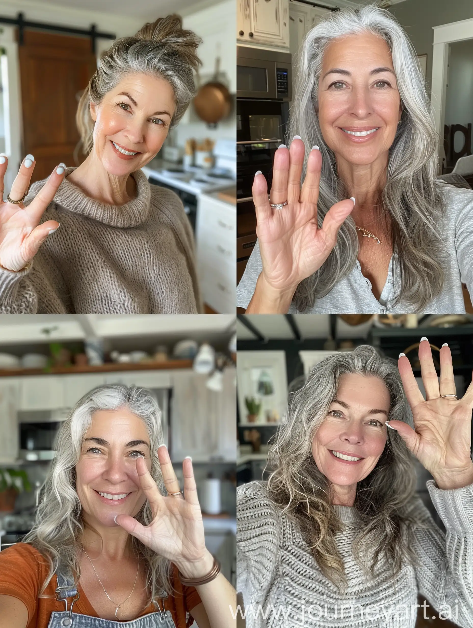 Aesthetic instagram selfie of a mother in the kitchen, mid 40's, smiling, one hand up, white gel nail polish, wedding rings, greying hair, wide set, throwaway face in room