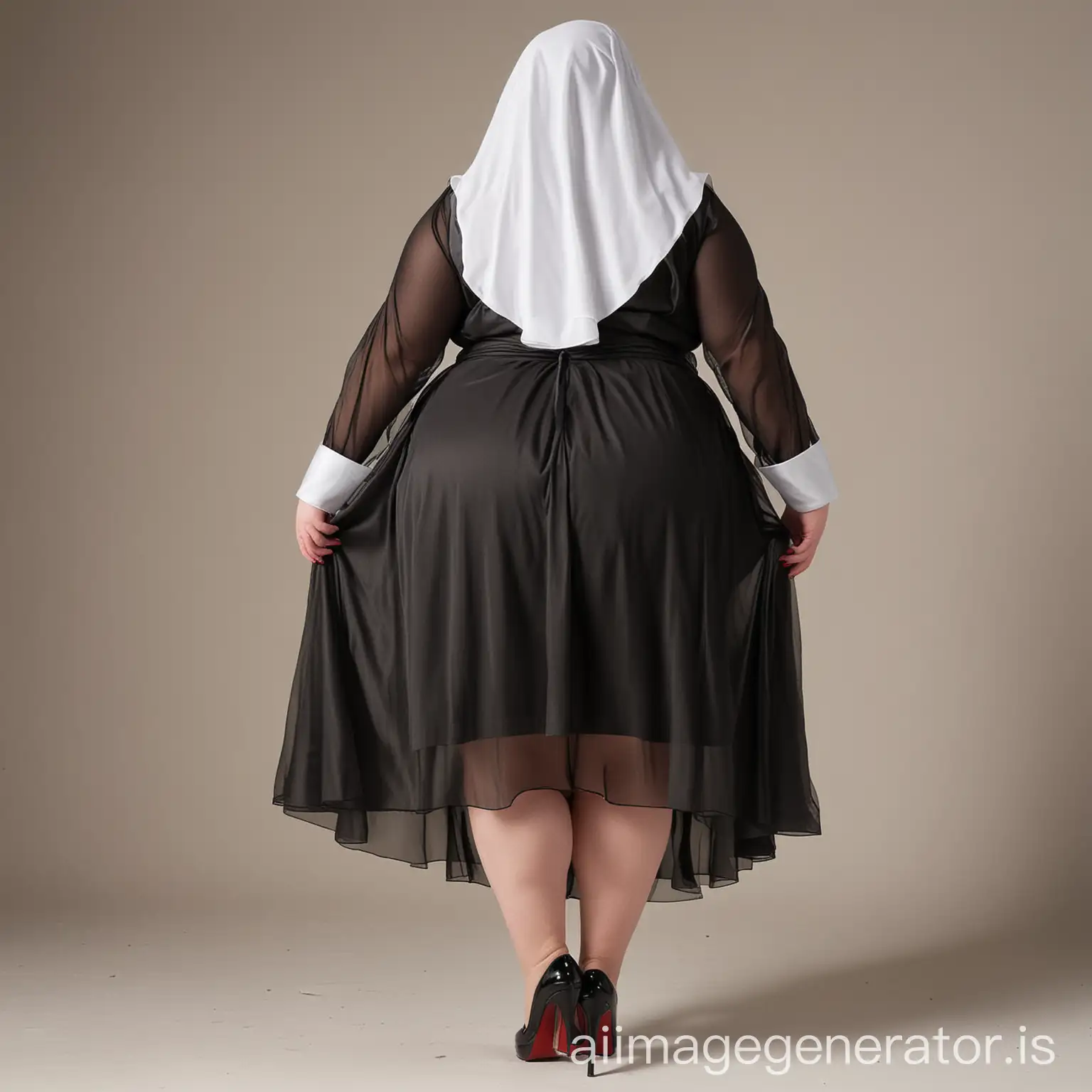 SSBBW, full body, high heels, back view, nun, sheer dress, weight 1,300 pounds