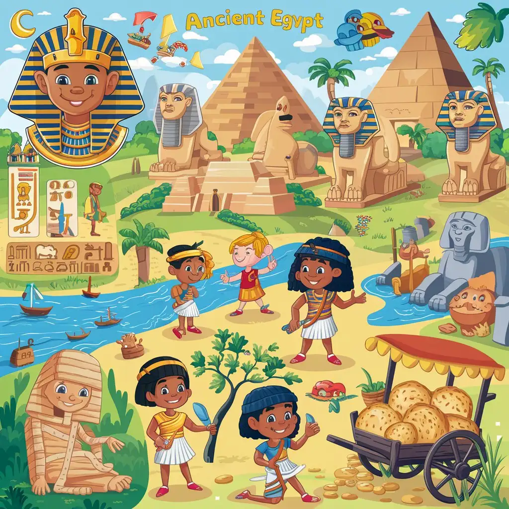 crea  imágenes  con diferentes elementos del Antiguo Egipto para niños 