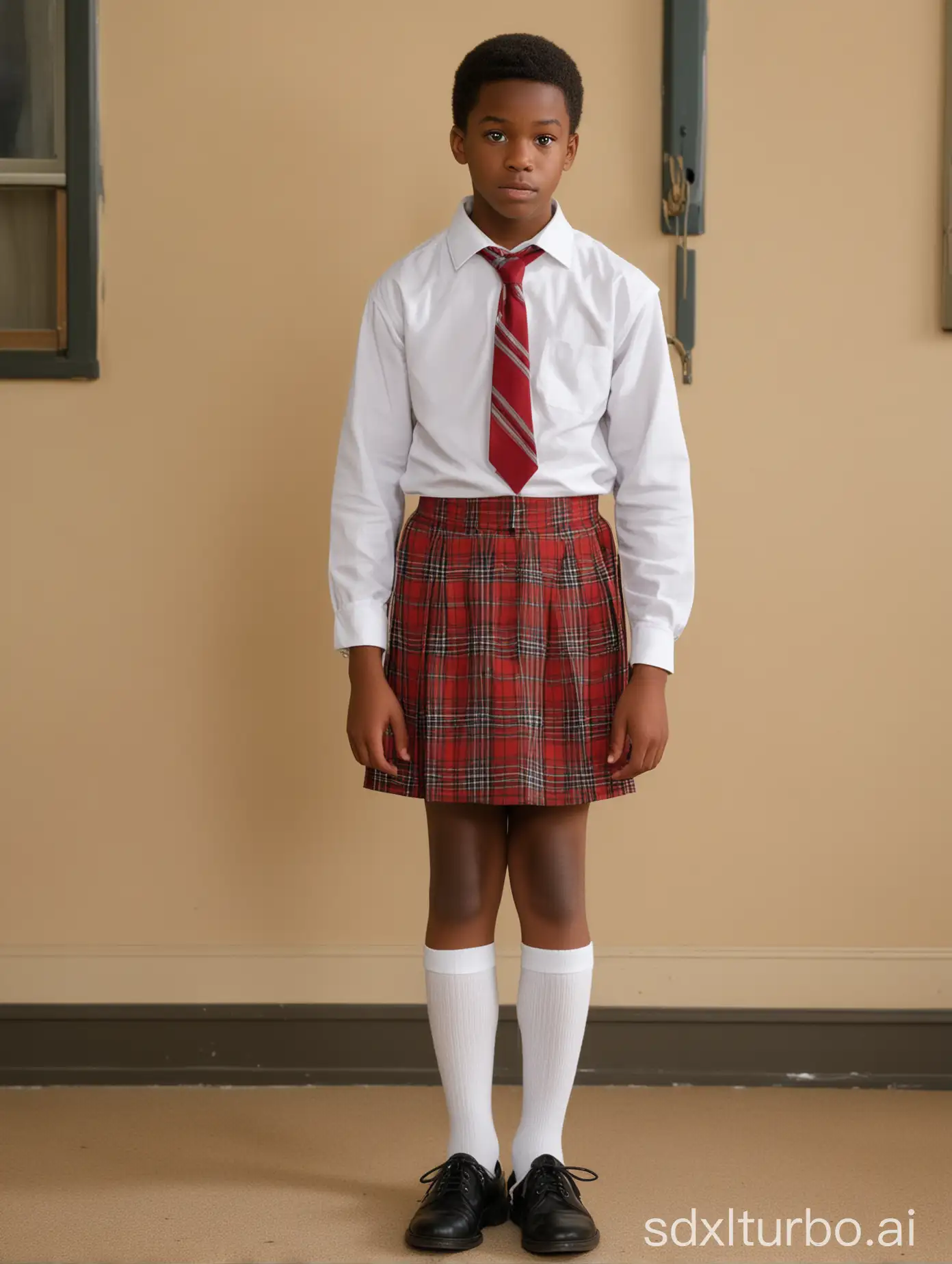 Digital photography of a nervous cute 17-year-old African American boy, forced to stand in a traditional Catholic school uniform with plaid skirt and white pantyhose, a black boy, with a cute face (gender role reversal)