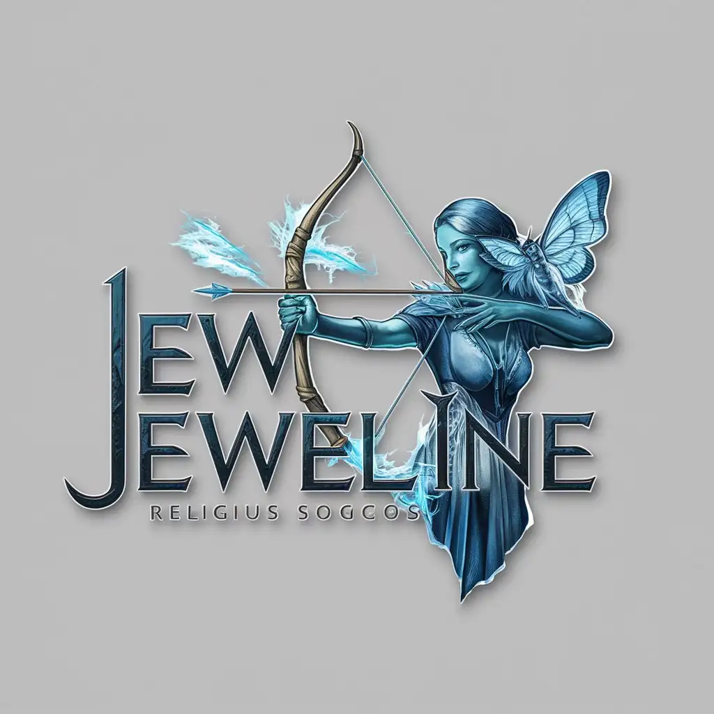 a logo design,with the text 'Jeweline', main symbol:Elf female hunter with fluffy moth and bow with ice arrows,complex,be used in Religious industry,clear background