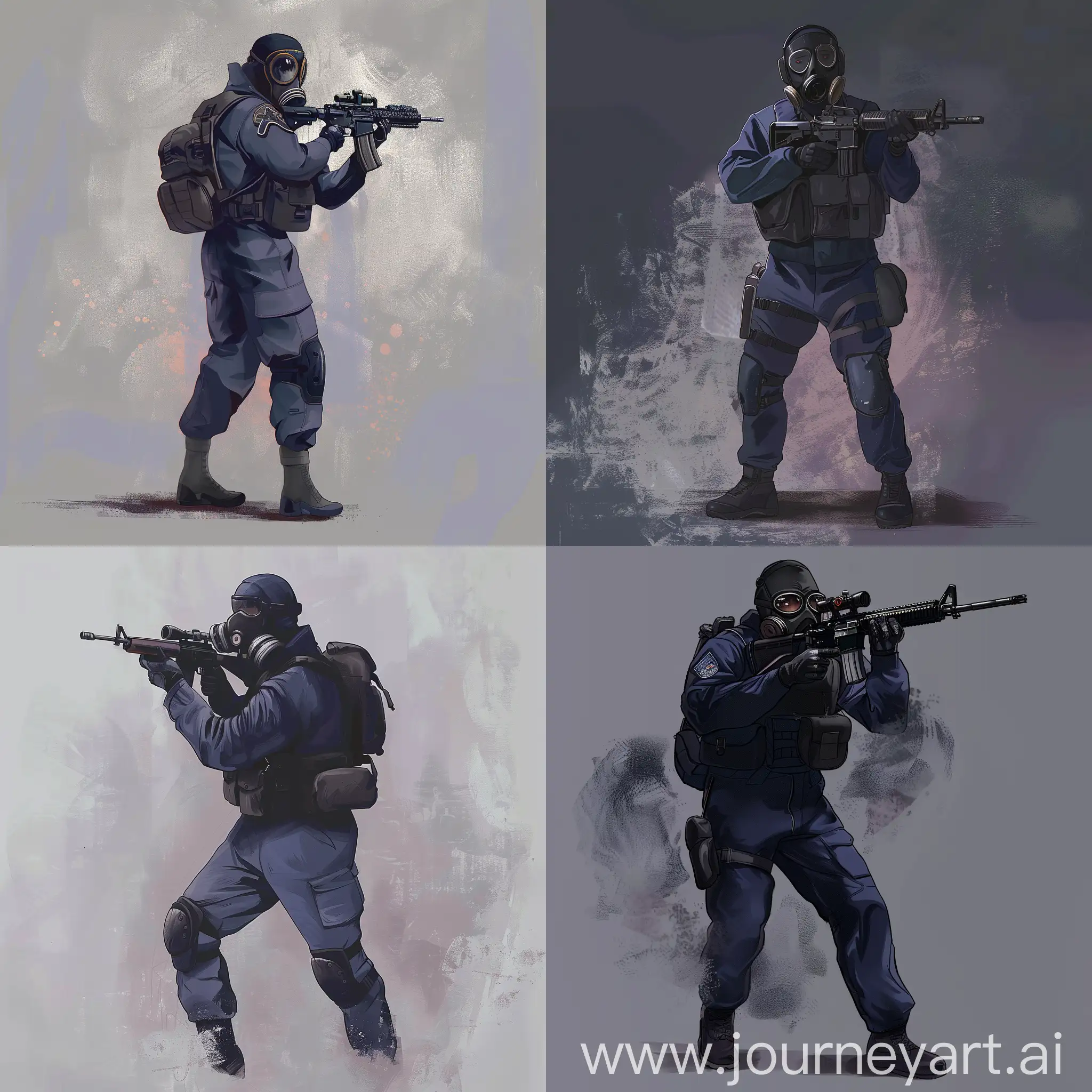 Concept character art, SAS operator, dark purple military jumpsuit, hazmat protective gasmask on his face, small military backpack, military unloading on his body, sniper rifle in his hands.