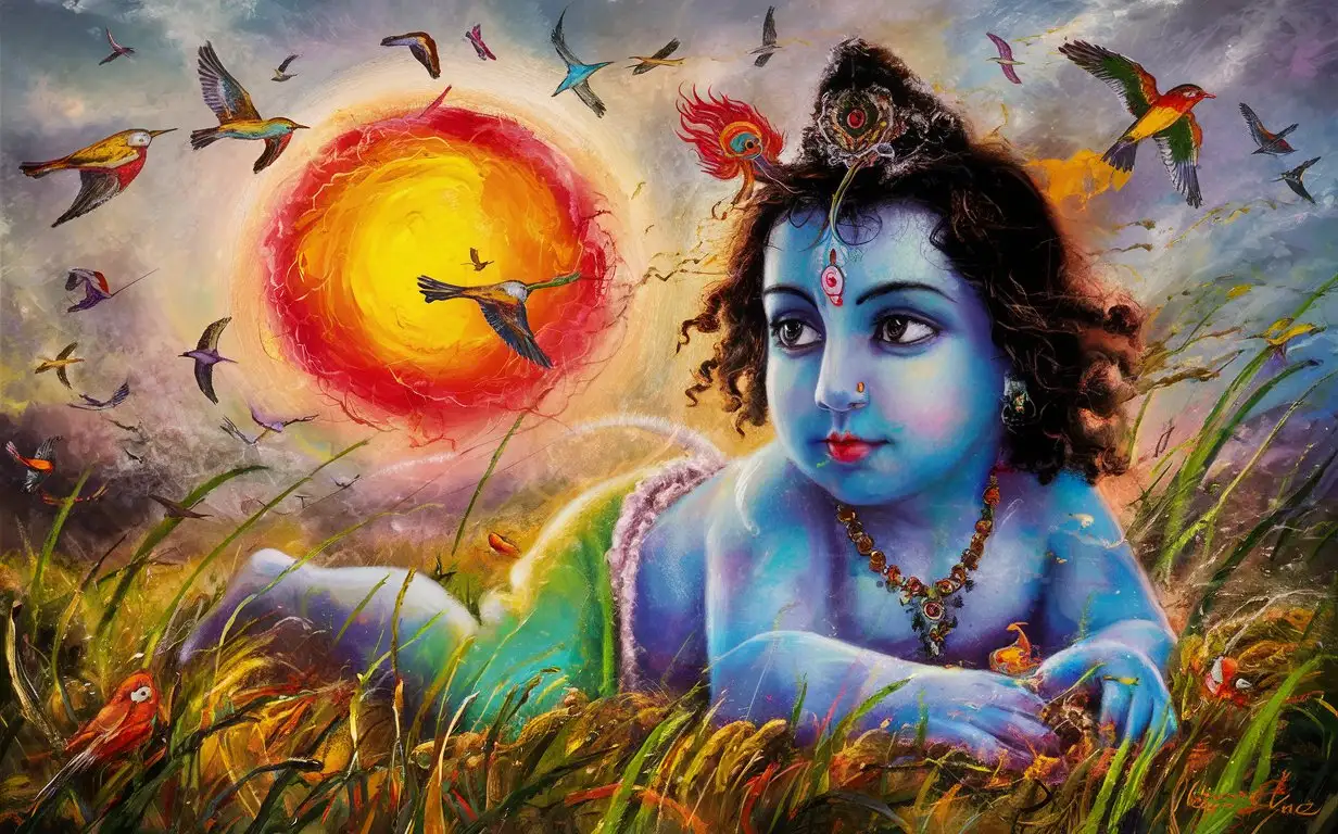 Abstract Shree Krishna Art Vibrant MultiColor Sun Over Grassy Landscape with Birds