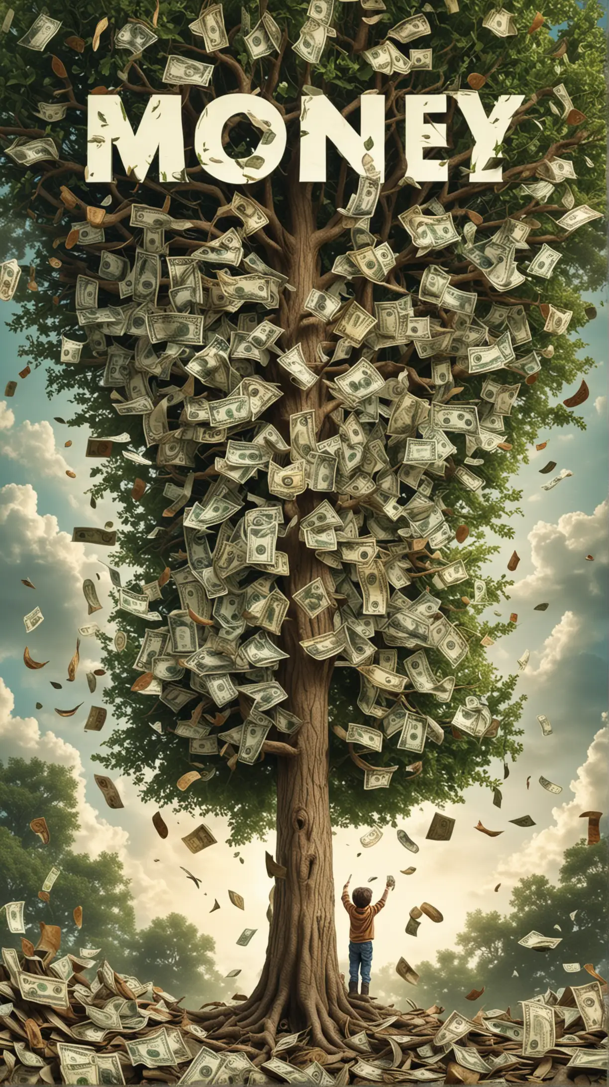 Boy Reaching for Money Tree Dreamy Illustration of a Child and Wealth