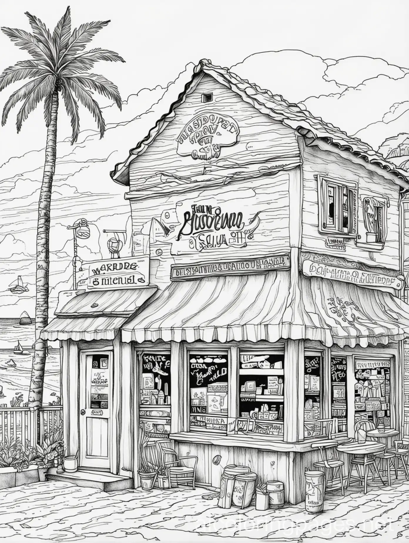 Adult coloring page, white background, seaside surf shop and pizza restaurant, Coloring Page, black and white, line art, white background, Simplicity, Ample White Space. The background of the coloring page is plain white to make it easy for young children to color within the lines. The outlines of all the subjects are easy to distinguish, making it simple for kids to color without too much difficulty