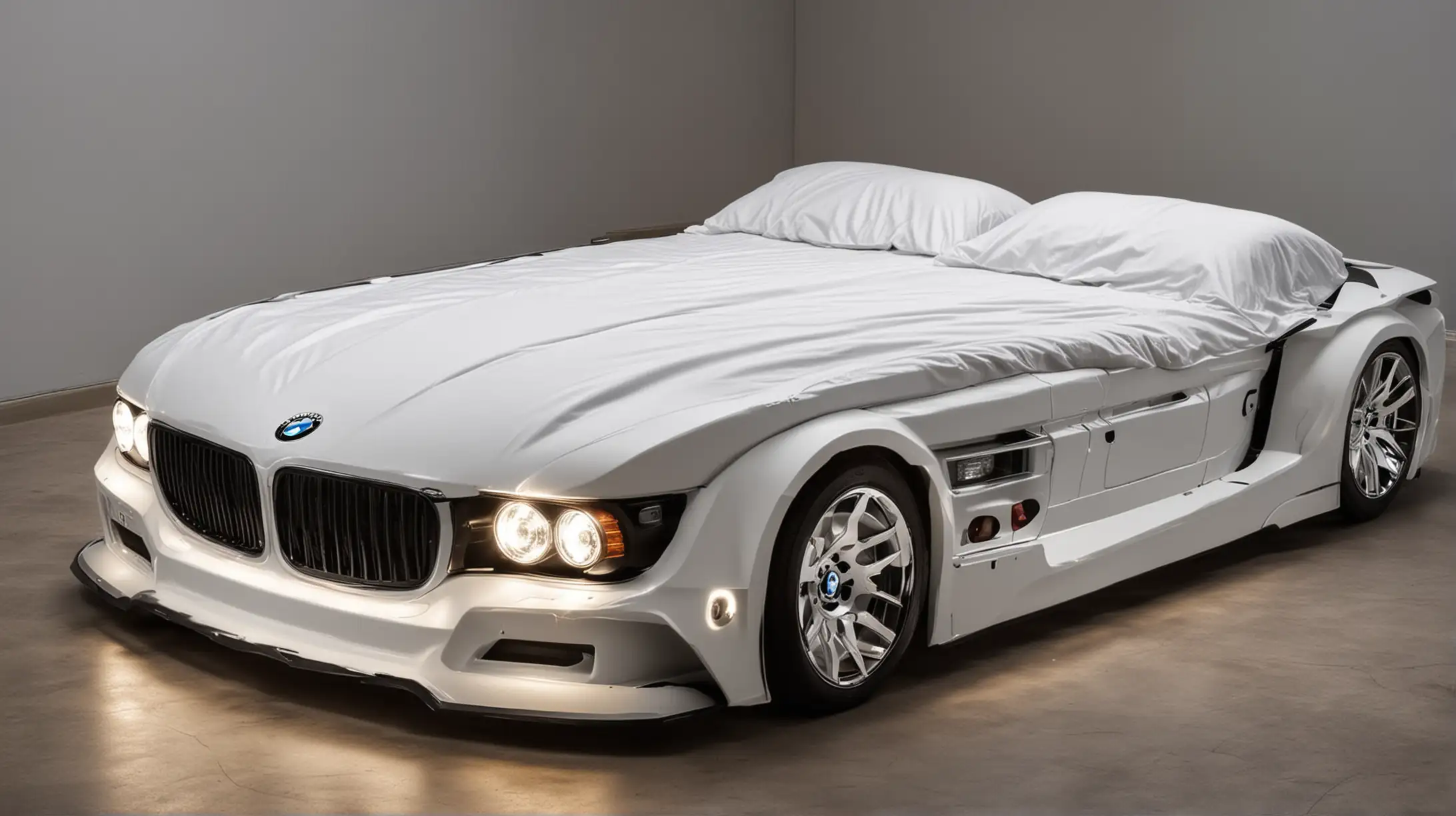 Luxury Double Bed Shaped as BMW Car with Illuminated Headlights