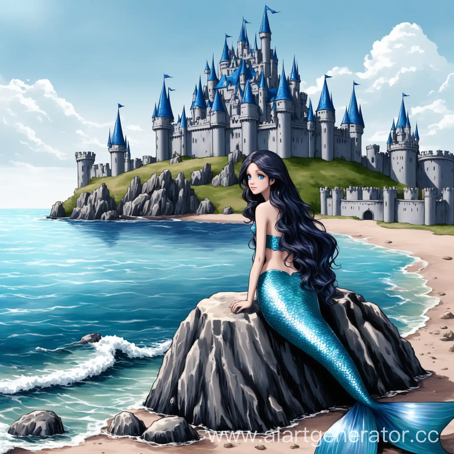 Русалка с серебряно-синим хвостом, длинными волнистыми темными волосами и синими глазами сидит возле камня и смотрит на замок, который стоит на берегу моря