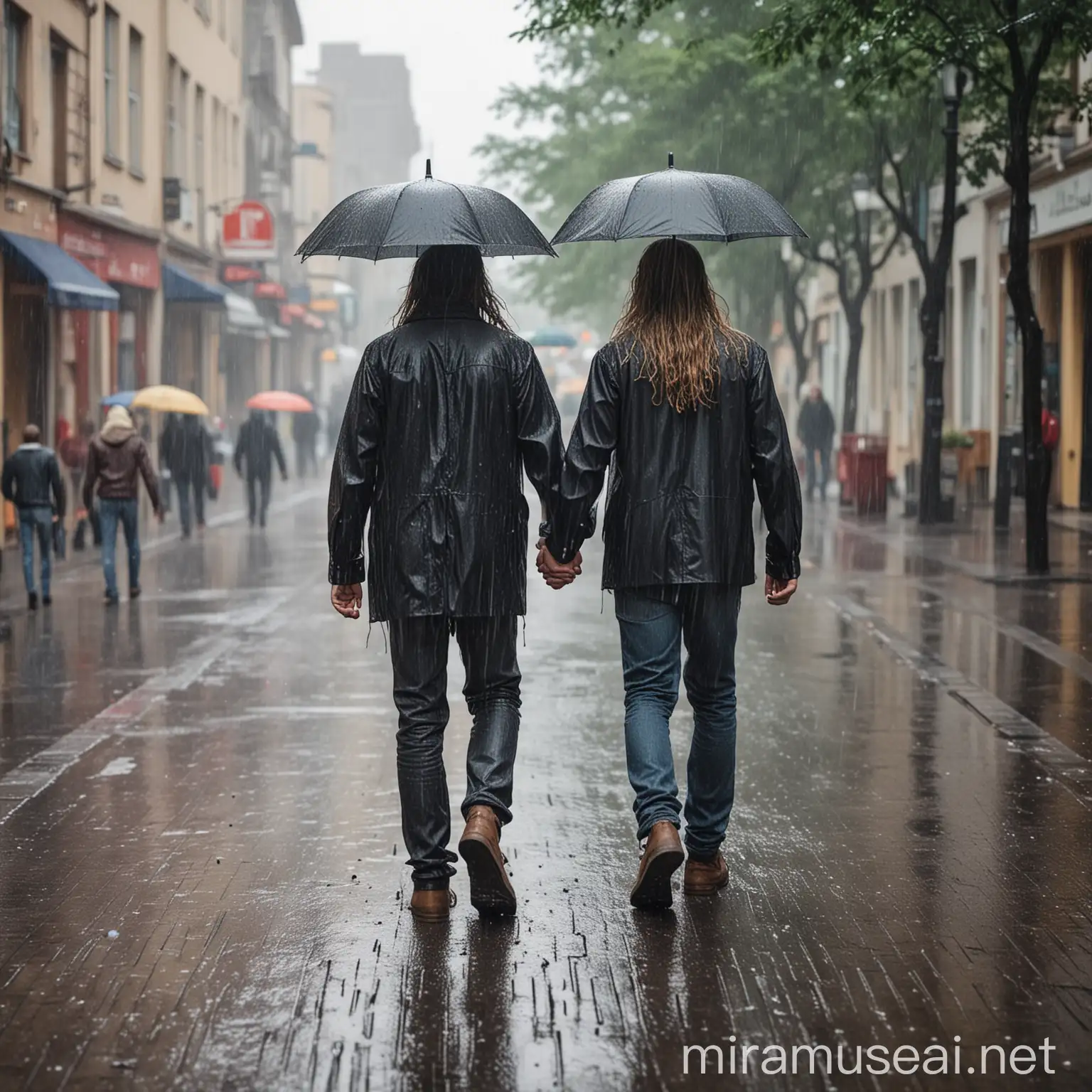 LongHaired Couple Embracing in Rainy Day Stroll
