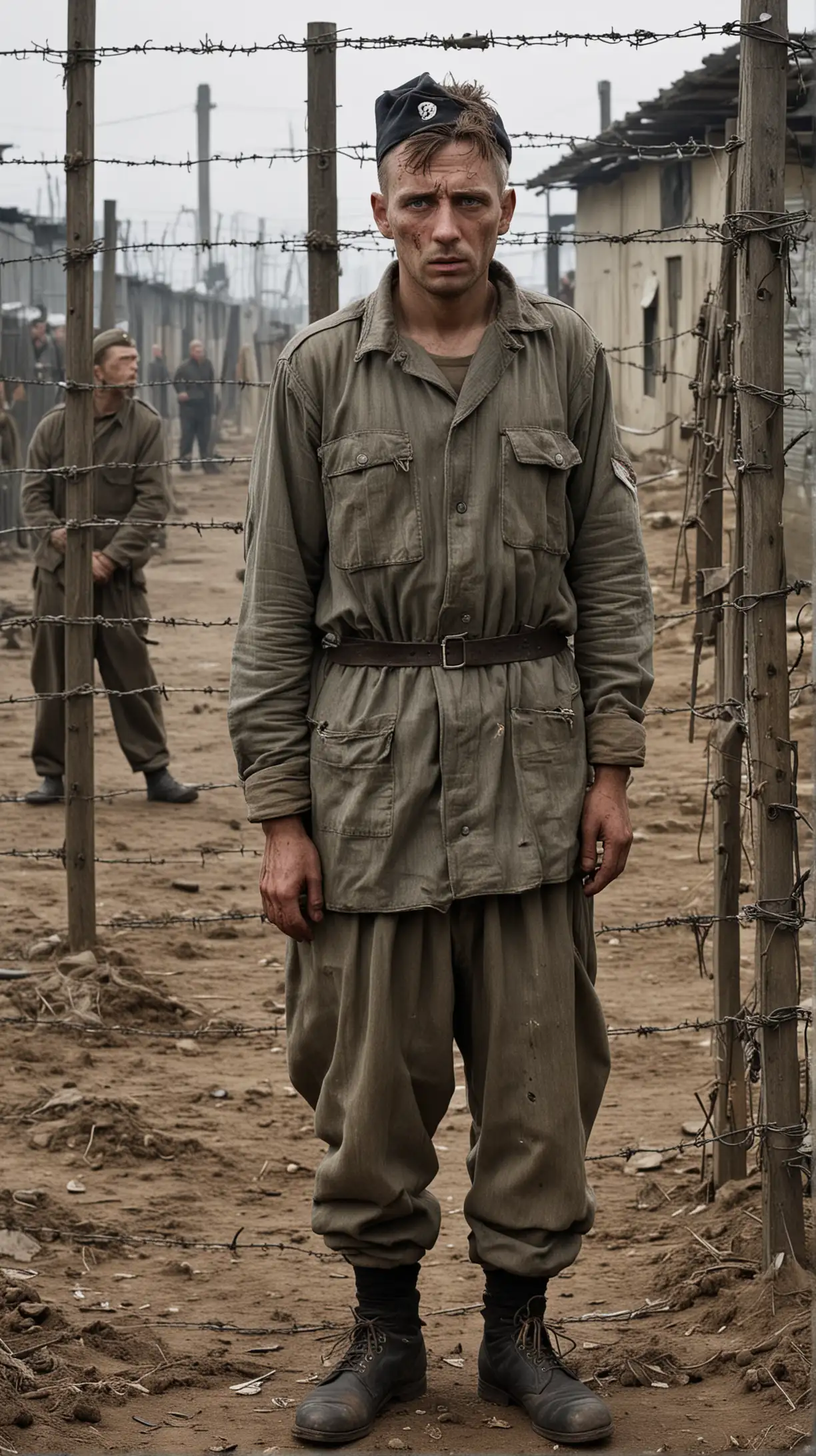 Generate an image of a prisoner in a German camp during World War II. The prisoner should be depicted in a worn and ragged uniform, with a gaunt and weary expression on their face, conveying the hardships and suffering endured in captivity. They could be shown standing or sitting within the confines of the camp, surrounded by barbed wire fences and guard towers, emphasizing their confinement and isolation. The background should evoke the bleakness and desolation of the camp, with perhaps hints of the harsh conditions and overcrowded barracks. The overall mood should convey a sense of despair, resilience, and the indomitable human spirit amidst the horrors of war and captivity.