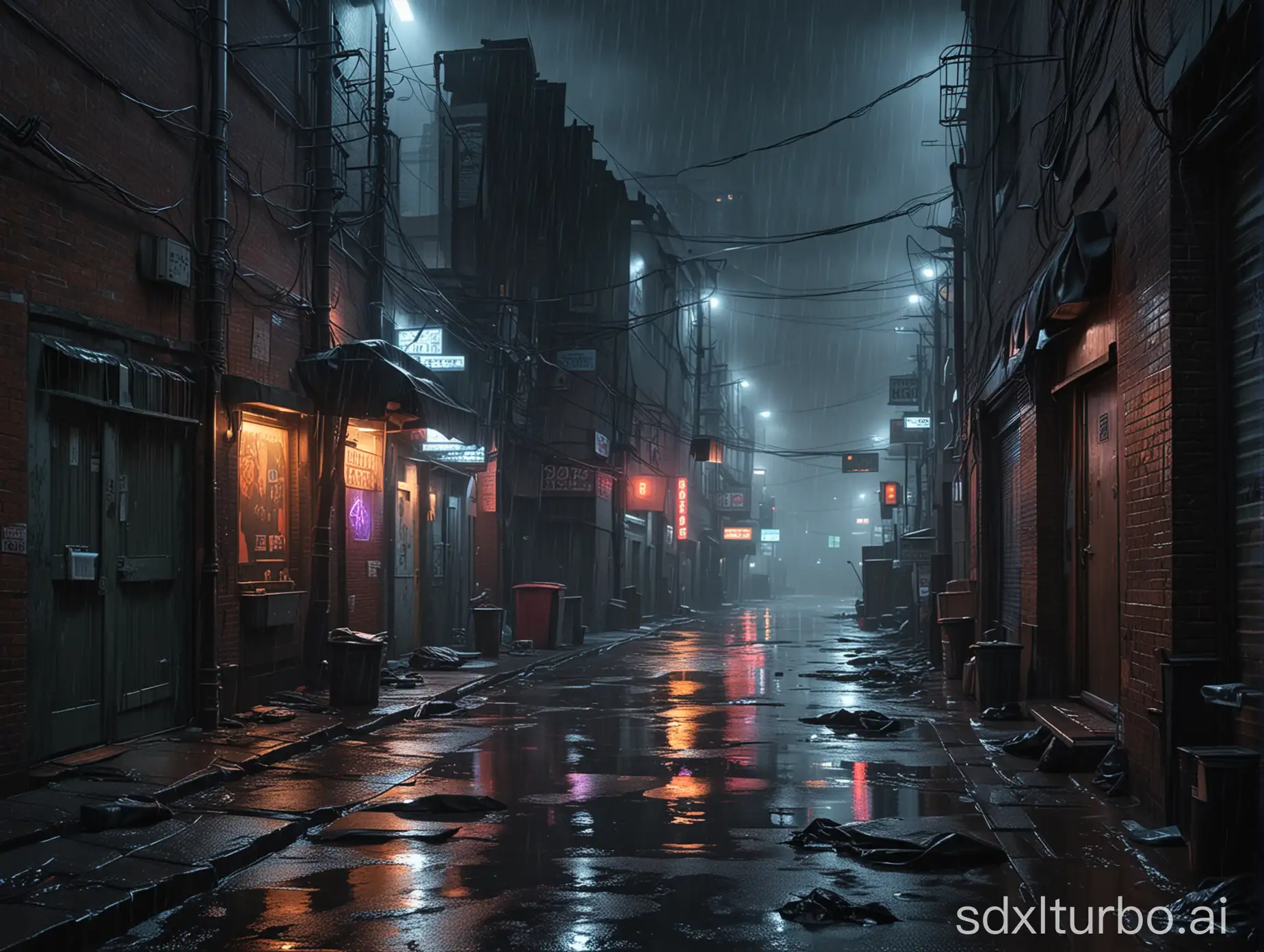 Rainy-Cyberpunk-Back-Alley-Scene-Neon-Lights-and-Thunderstorm-Ambiance