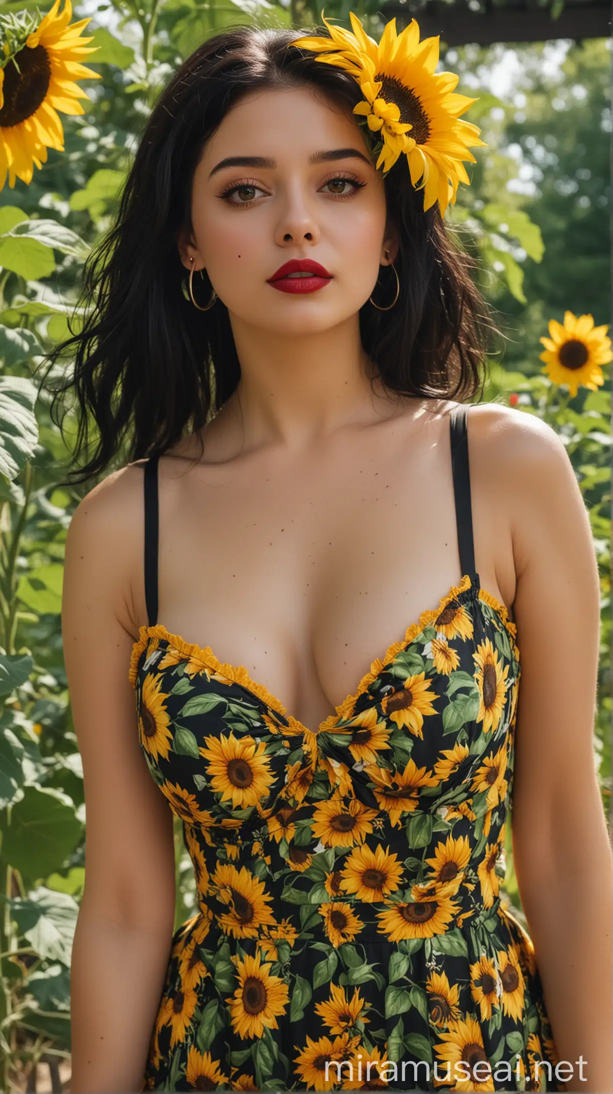 4k Ai art hands on face beautiful USA girl black hair hair ribbon red lipstick nose ring ear tops yellow and green dress and black bra and big round tits in usa sunflower garden pavilion