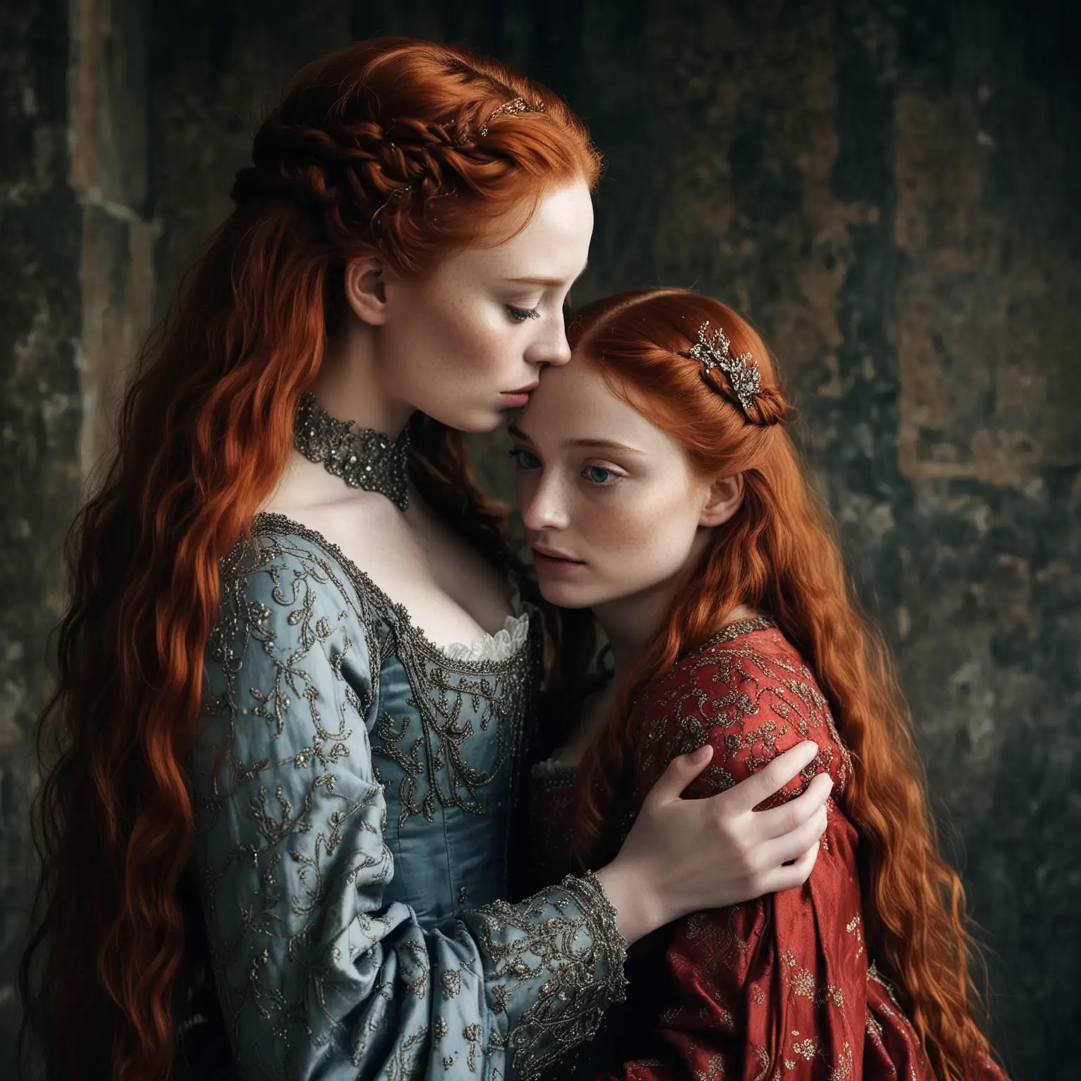 Sansa Stark Inspired by Sophie Turner Embracing a Young Boy in Medieval Chamber