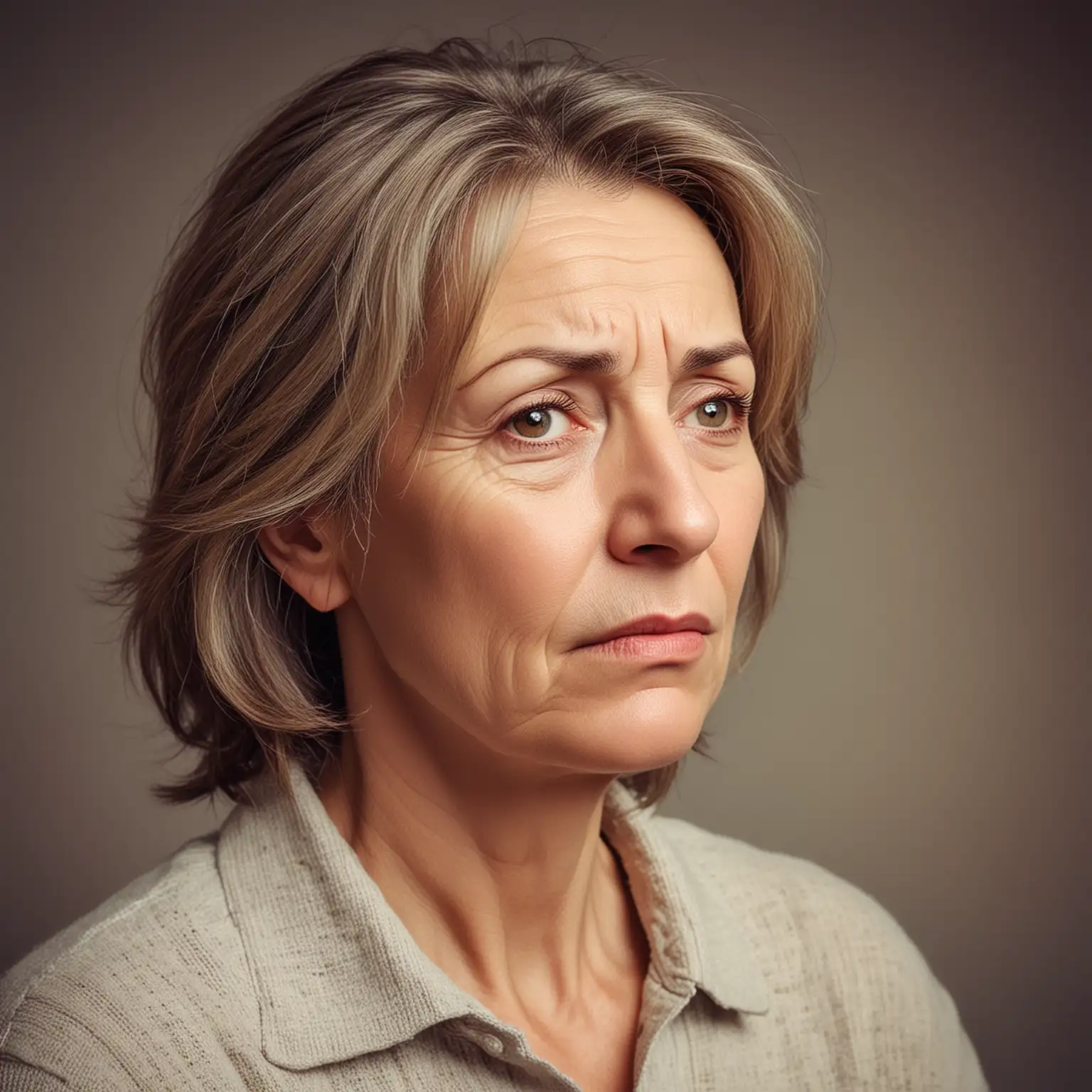 Profile picture. A naive mother in her fifties. She doesn’t not know what he son is capable of. She looks sad.