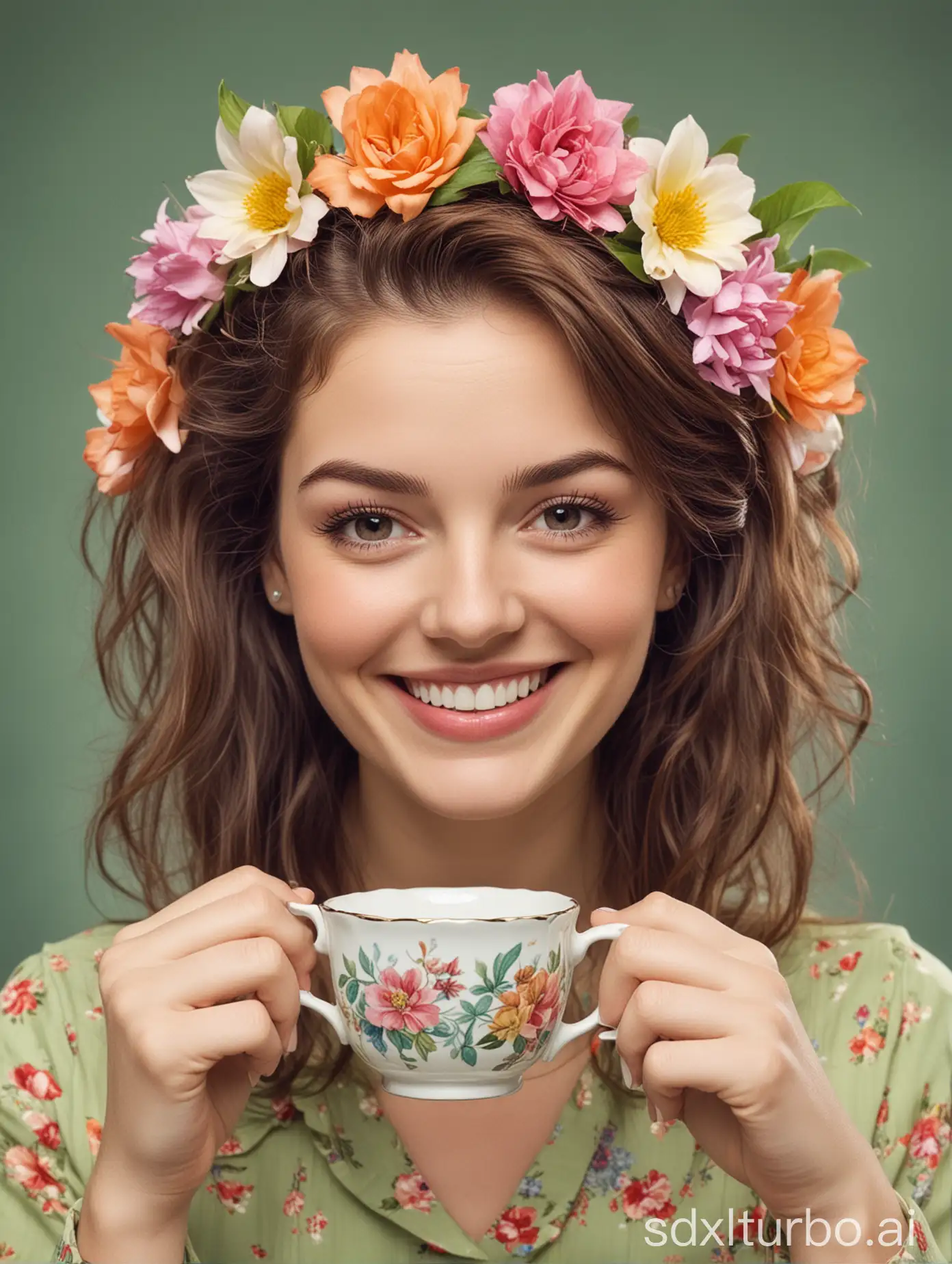 A smiling woman with a flower in her hair sips from a tea cup with the caption 'They're doing it again because you didn't hang them last time.'