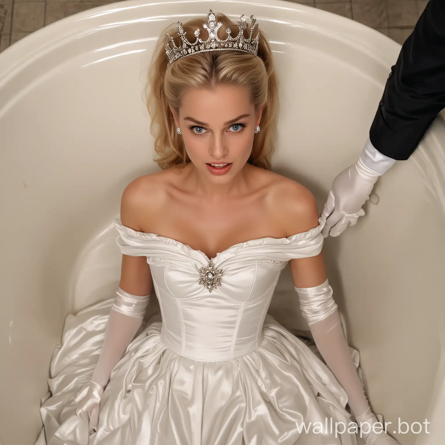 view from above. In men's public dirty toilet white beautiful blue-eyed blonde slim young actress Grace Kelly in crown on her knees in white silk off-shoulder sleeveless dress, white silk push up corset, white silk opera length gloves. white Queen Grace Kelly in crown beg on her knees in front of standed two black afro male dirty hobos tramps with their pants down. Queen's mouth open extra wide. disgust on her face