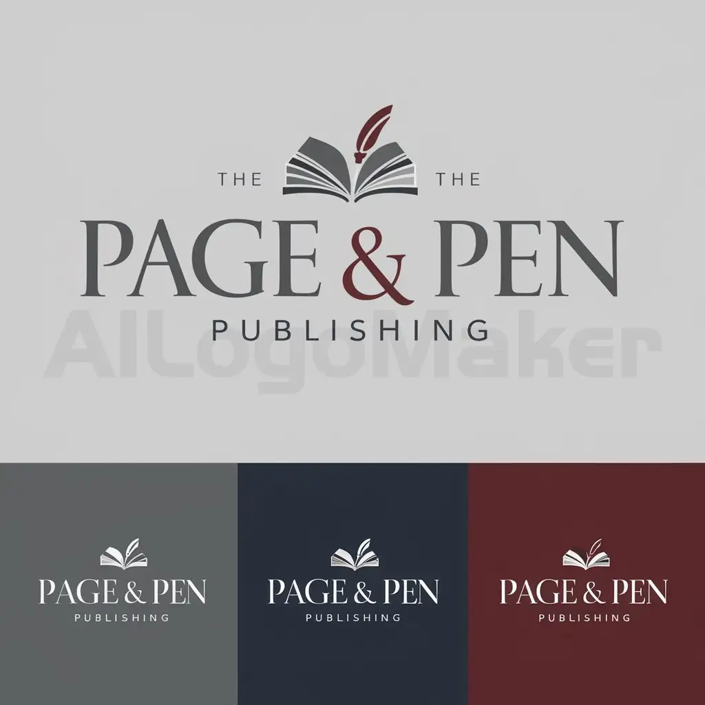 a logo design,with the text "The Page & Pen Publishing", main symbol:Create a logo for The Page & Pen Publishing with the words Page & Pen more prominent, while the words 'The' and 'Publishing' are made as sub-logos. Add an icon in the form of a unique and simple concept from the combination of 'pen' and 'page'. The colors used have a professional impression, such as grey, black, navy blue and dark red. Font types can use Serif and Sans-Serif.,Moderate,be used in Education industry,clear background
